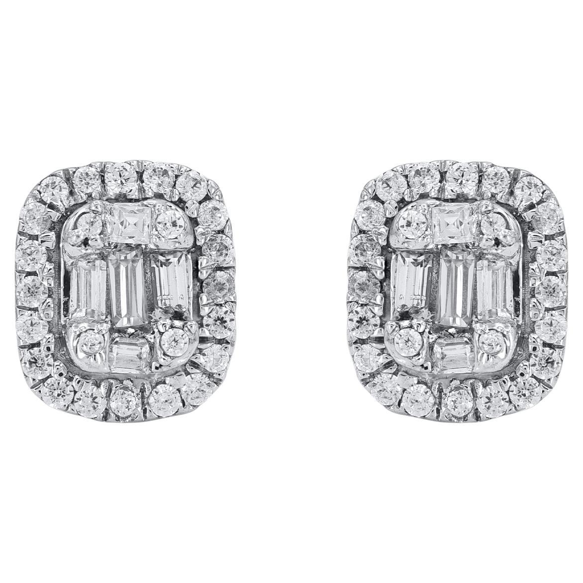 TJD 0.30 Carat Round & Baguette Cut Diamond 14Karat White Gold Halo Stud Earring
