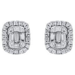 TJD 0.30 Carat Round 
Baguette Cut Diamond 14Karat White Gold Halo Stud Earring