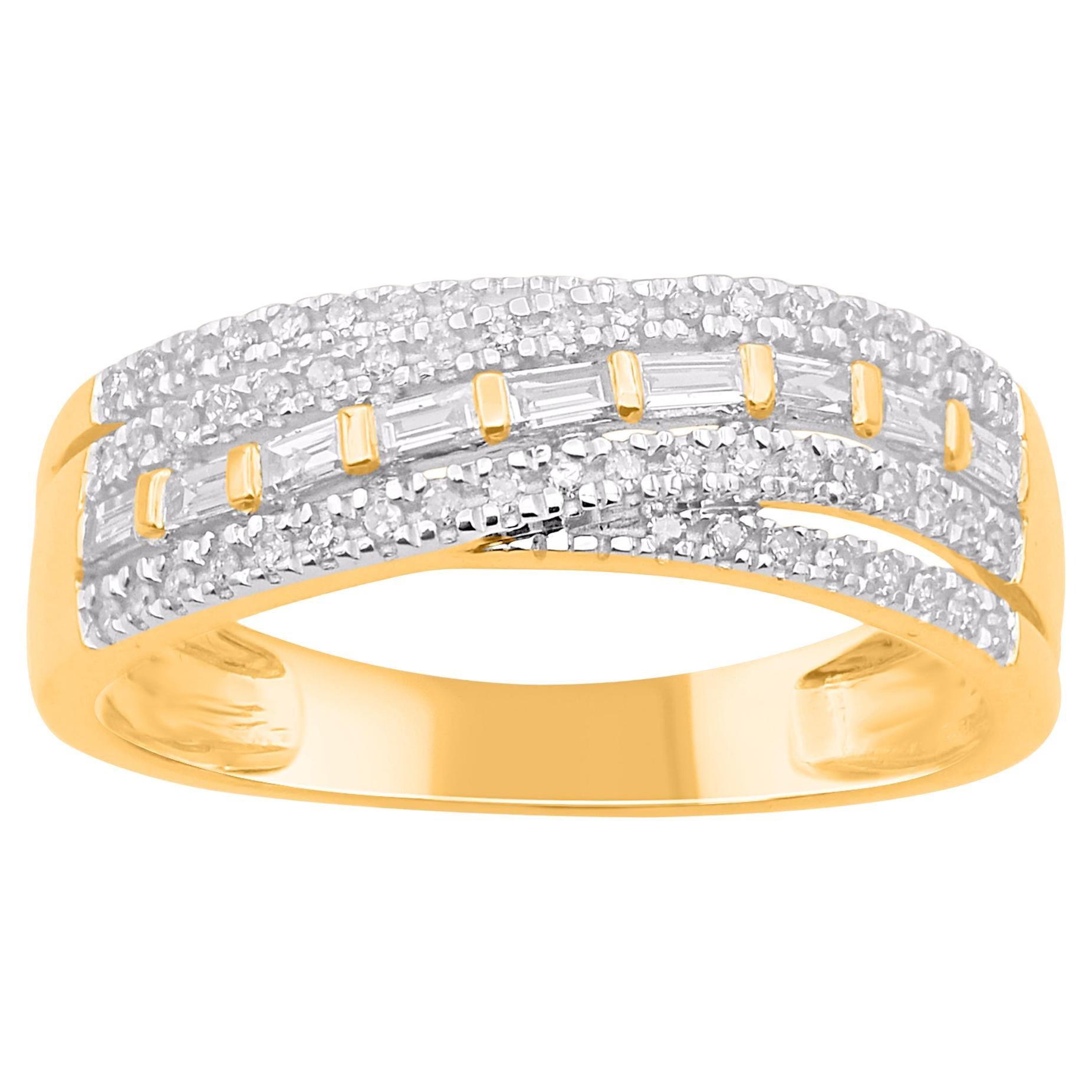 TJD 0.30 Carat Round & Baguette Diamond Yellow Gold Crossover Wedding Band Ring