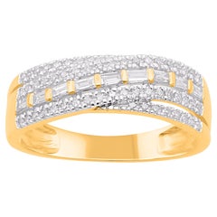 TJD 0.30 Carat Round & Baguette Diamond Yellow Gold Crossover Wedding Band Ring