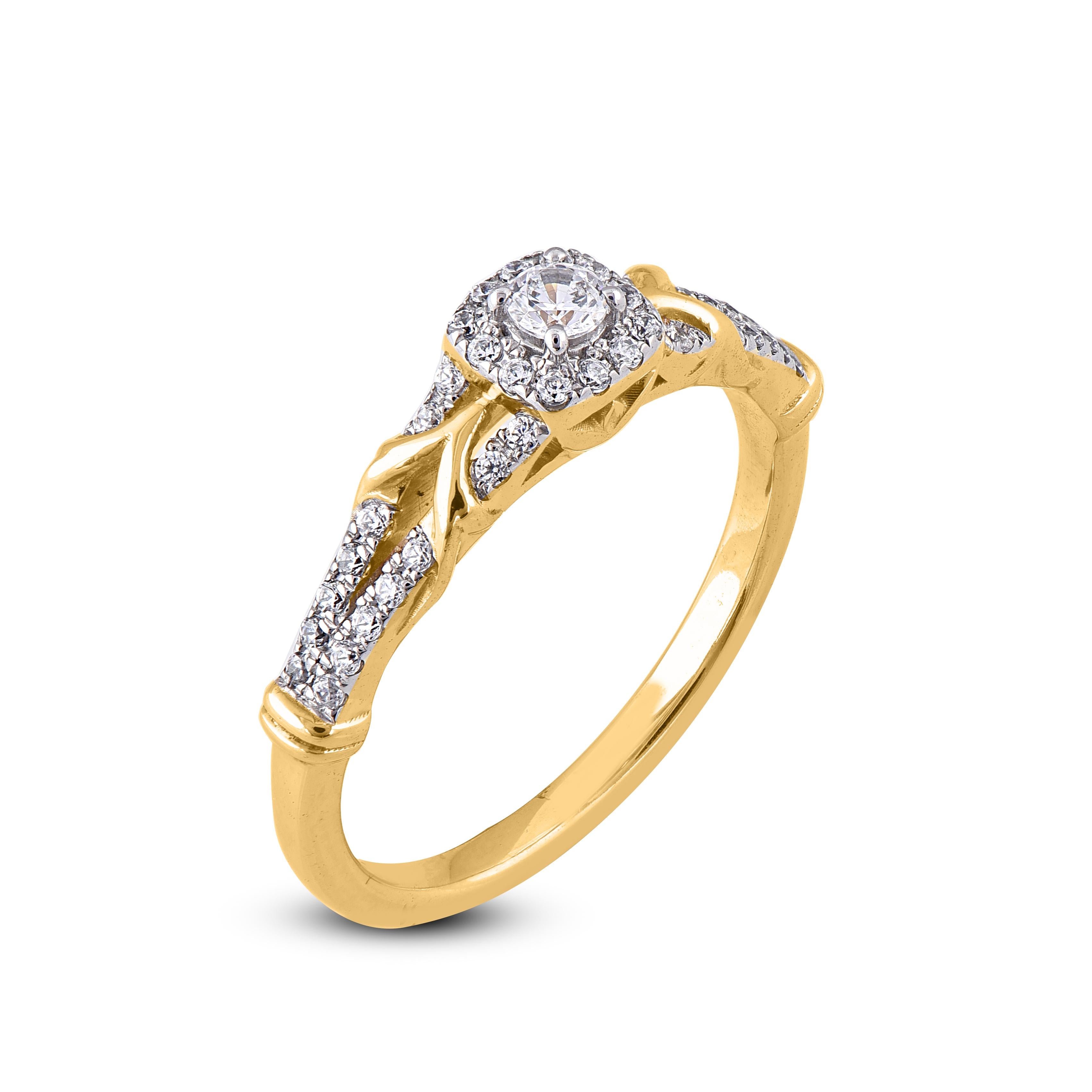 This Engagement Ring is expertly crafted in 14 Karat yellow gold and features 41 round dimaond in 0.30 ct frame and shank lined diamond set in prong setting. The diamonds are natural, not treated and dazzles in H-I color and I2 clarity.. This ring