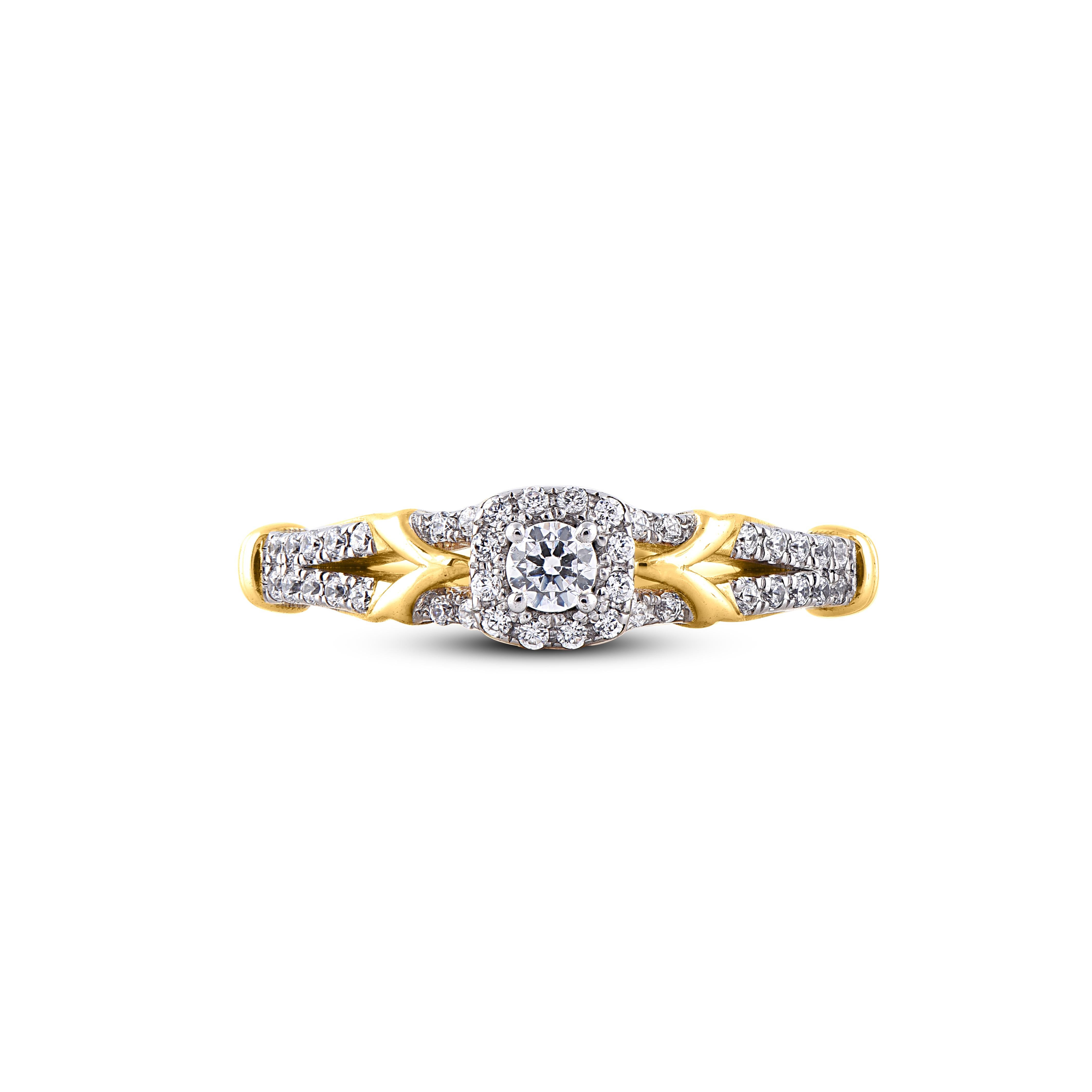 Round Cut TJD 0.30 Carat Round Diamond 14 Karat Yellow Gold Halo Bridal Engagement Ring For Sale