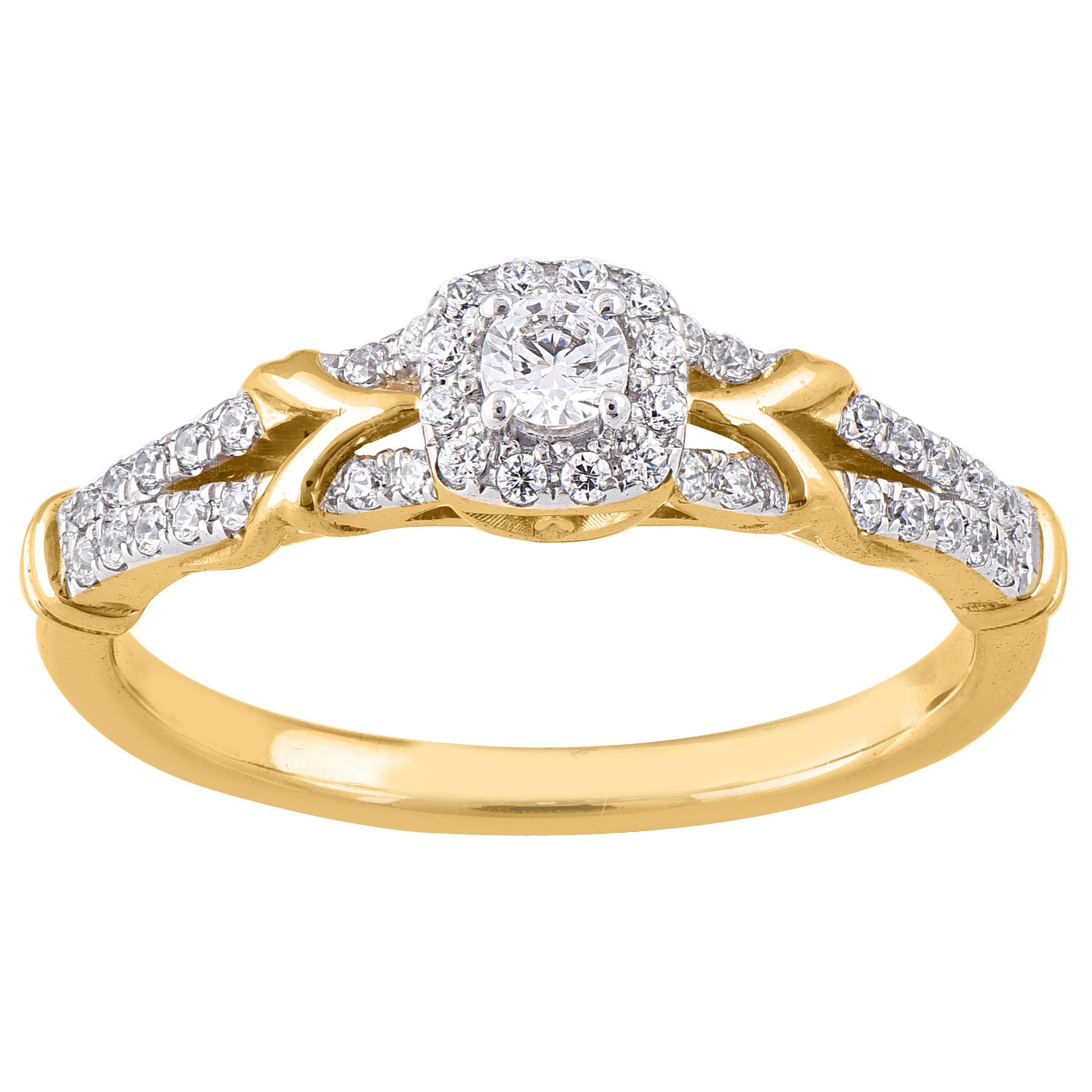 TJD 0.30 Carat Round Diamond 14 Karat Yellow Gold Halo Bridal Engagement Ring For Sale