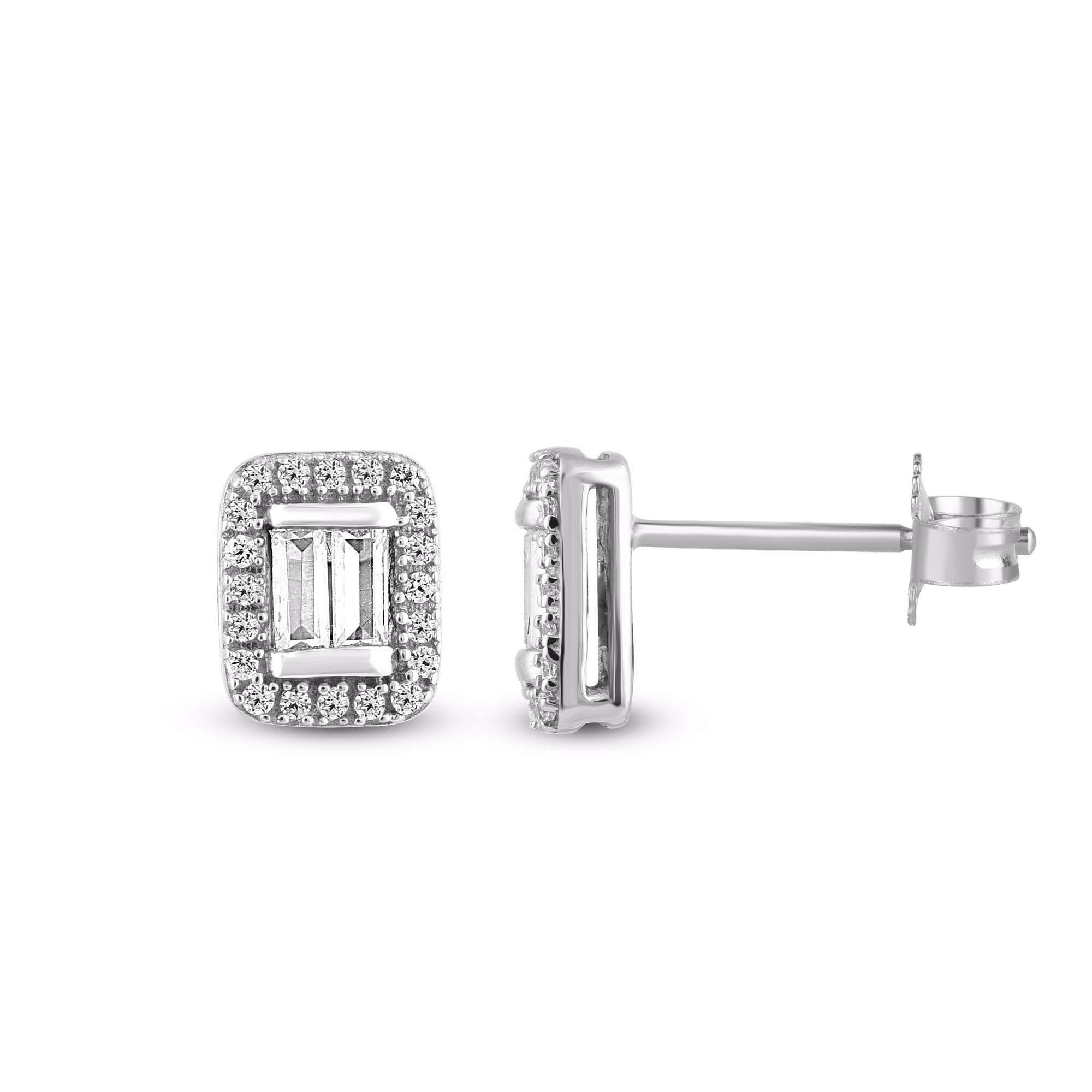 Timeless and elegant, these diamond stud earring are a style you'll wear with every look in your wardrobe. This earring is beautifully designed and studded with 46 natural single cut and baguette cut diamonds set in prong and channel setting. We