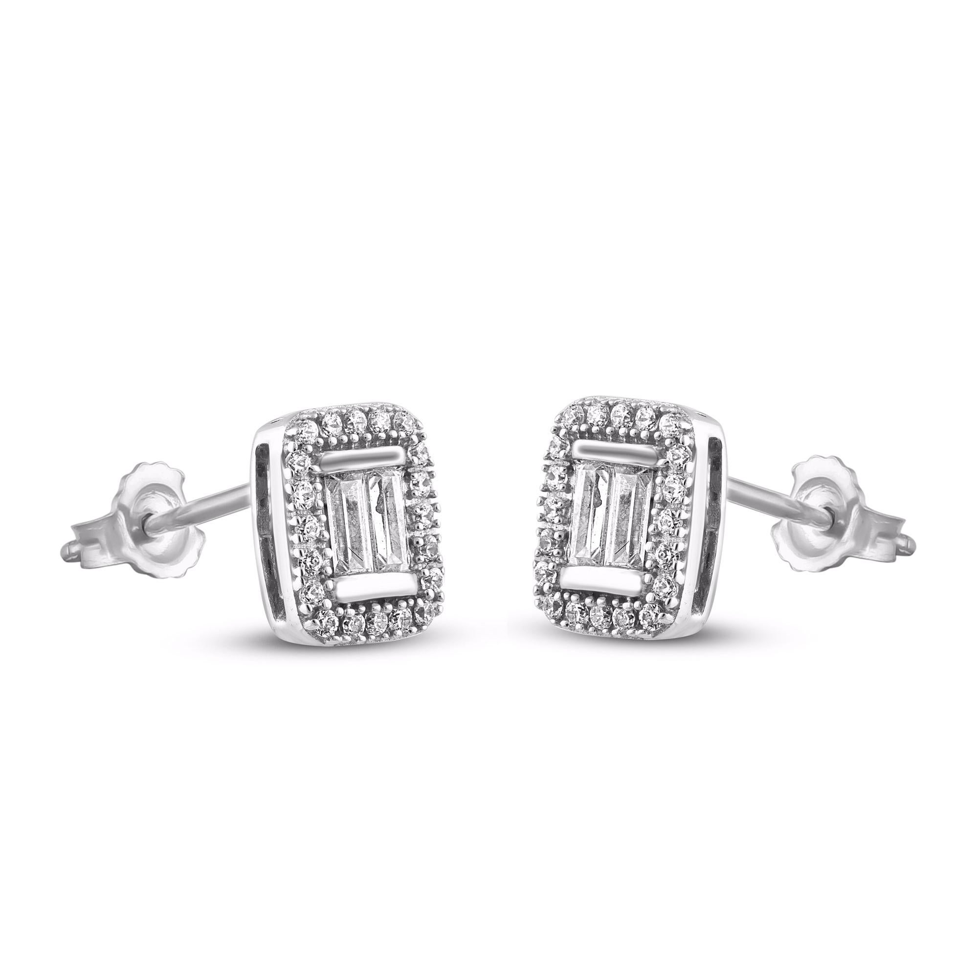 Modern TJD 0.33 Carat Baguette and Round Diamond 14KT White Gold Halo Stud earrings For Sale