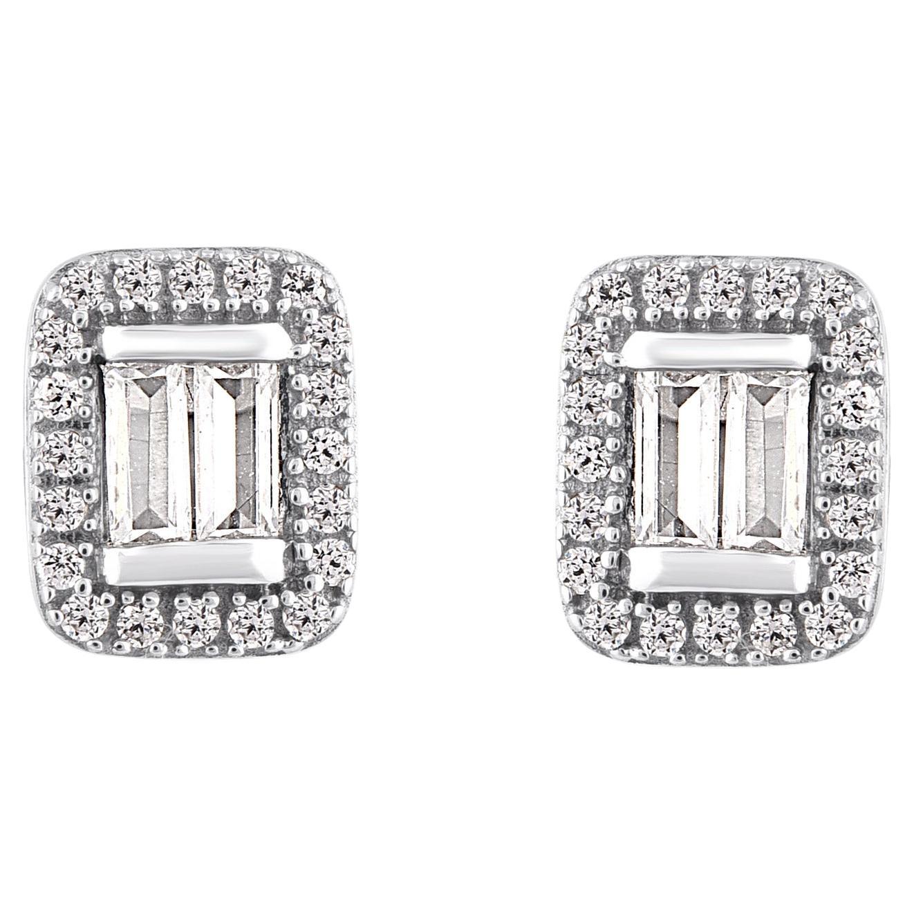 TJD 0.33 Carat Baguette and Round Diamond 14KT White Gold Halo Stud earrings For Sale