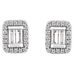 TJD 0.33 Carat Baguette and Round Diamond 14KT White Gold Halo Stud earrings
