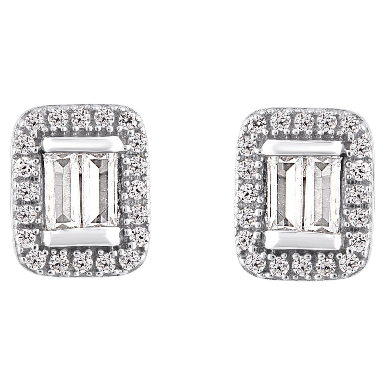 TJD 0.33 Carat Baguette and Round Diamond 14KT White Gold Halo Stud earrings