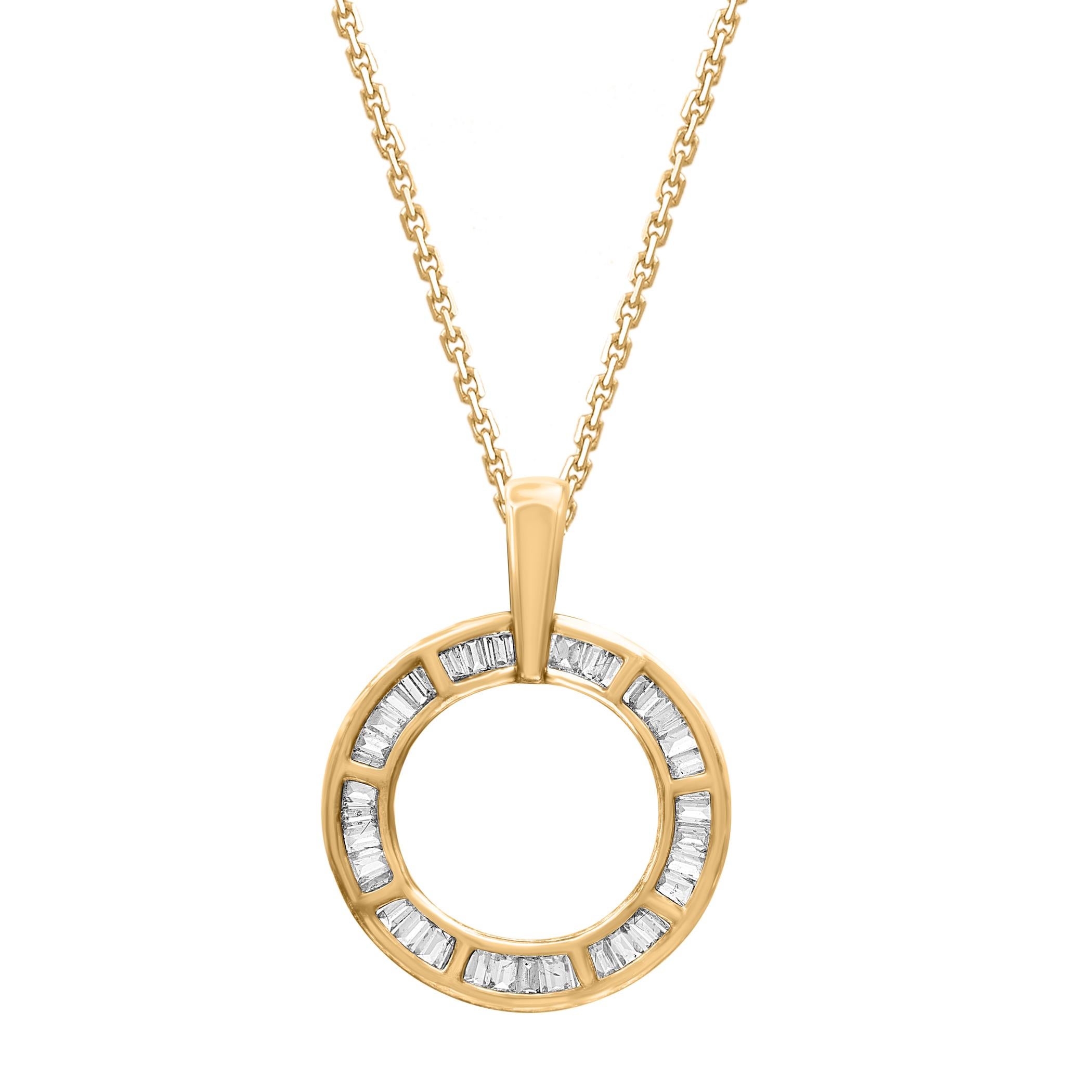 Contemporain TJD Collier pendentif cercle ouvert en or 14 carats avec diamants taille baguette 0,33 carat en vente