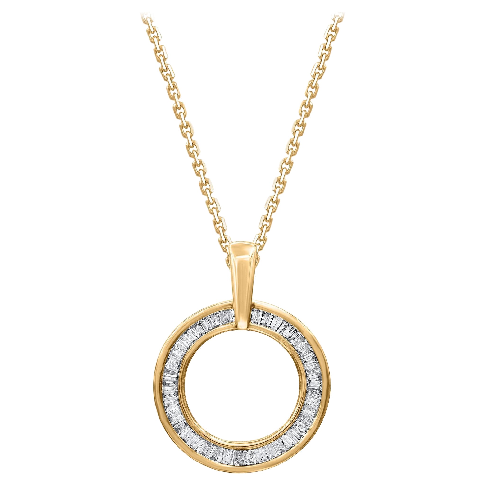 TJD 0.33 Carat Baguette Cut Diamond 14 Karat Gold Open Circle Pendant Necklace