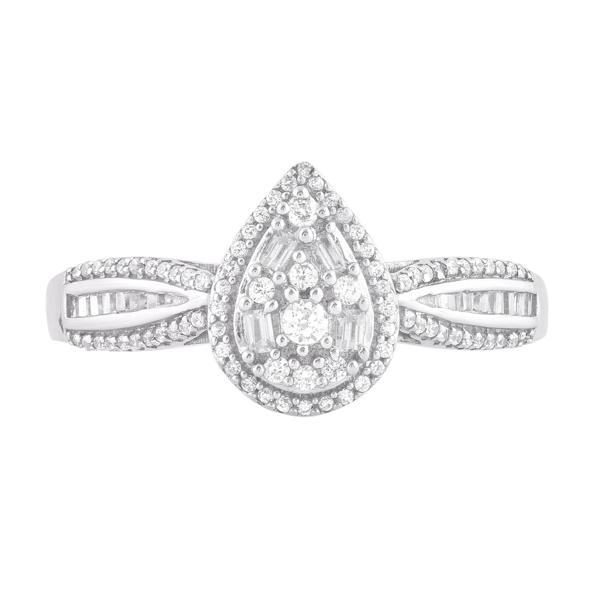Win her heart with this classic and elegant diamond ring. The diamond ring is crafted from 14 karat white gold with 100 round and baguette diamonds set in prong & channel setting, dazzles in H-I color I2 clarity and a high polish finish complete the