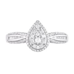 TJD 0.33 Carat Baguette & Round Diamond 14KT White Gold Pear Shape Halo Ring