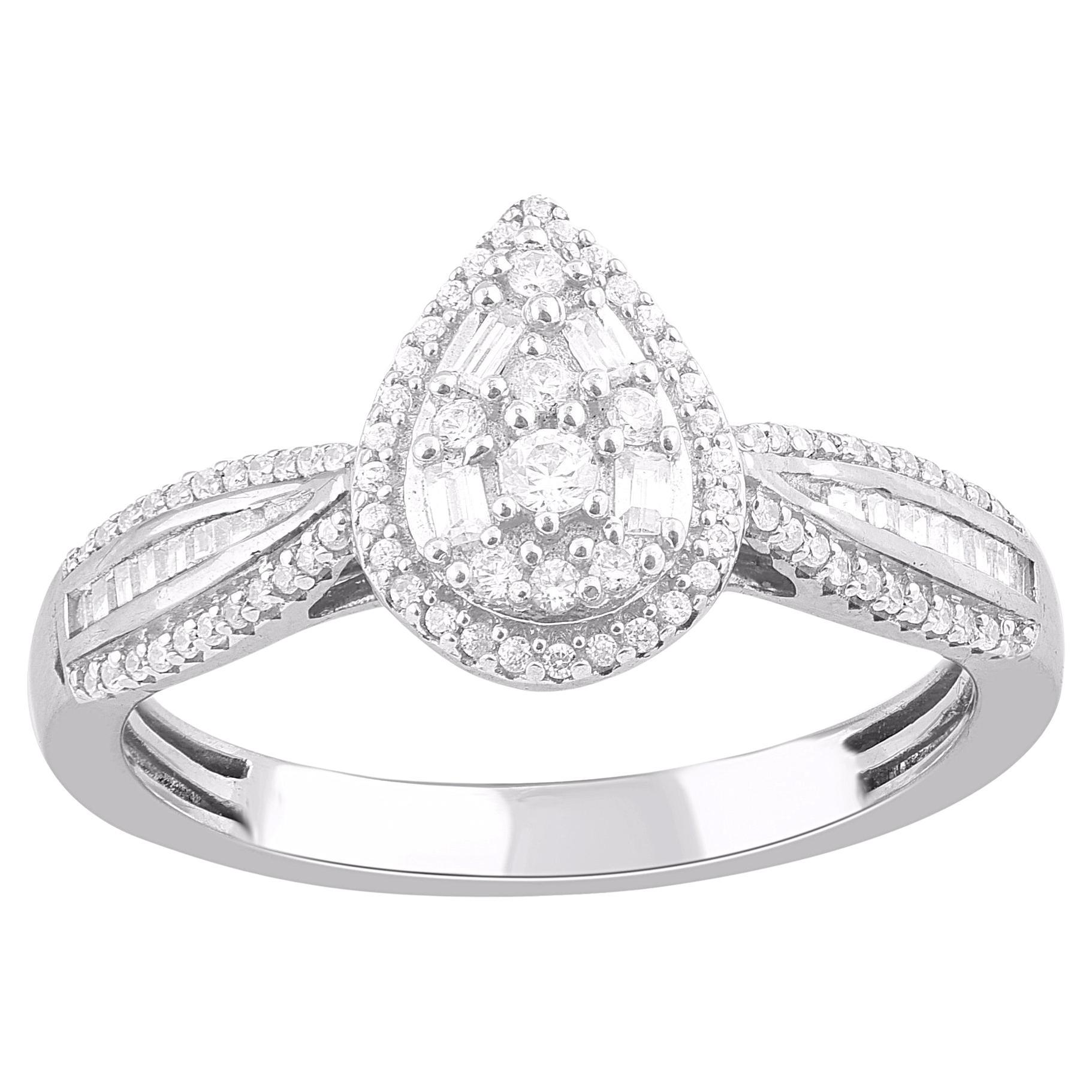 TJD 0.33 Carat Baguette & Round Diamond 14KT White Gold Pear Shape Halo Ring For Sale