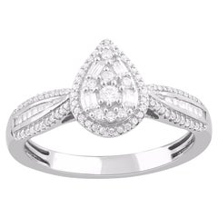 TJD 0.33 Carat Baguette & Round Diamond 14KT White Gold Pear Shape Halo Ring