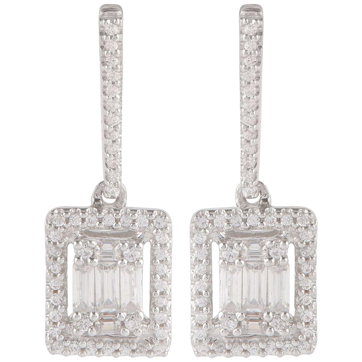 TJD 0.33 Carat Round and Baguette Diamond 18 Karat White Gold Halo Drop Earrings For Sale