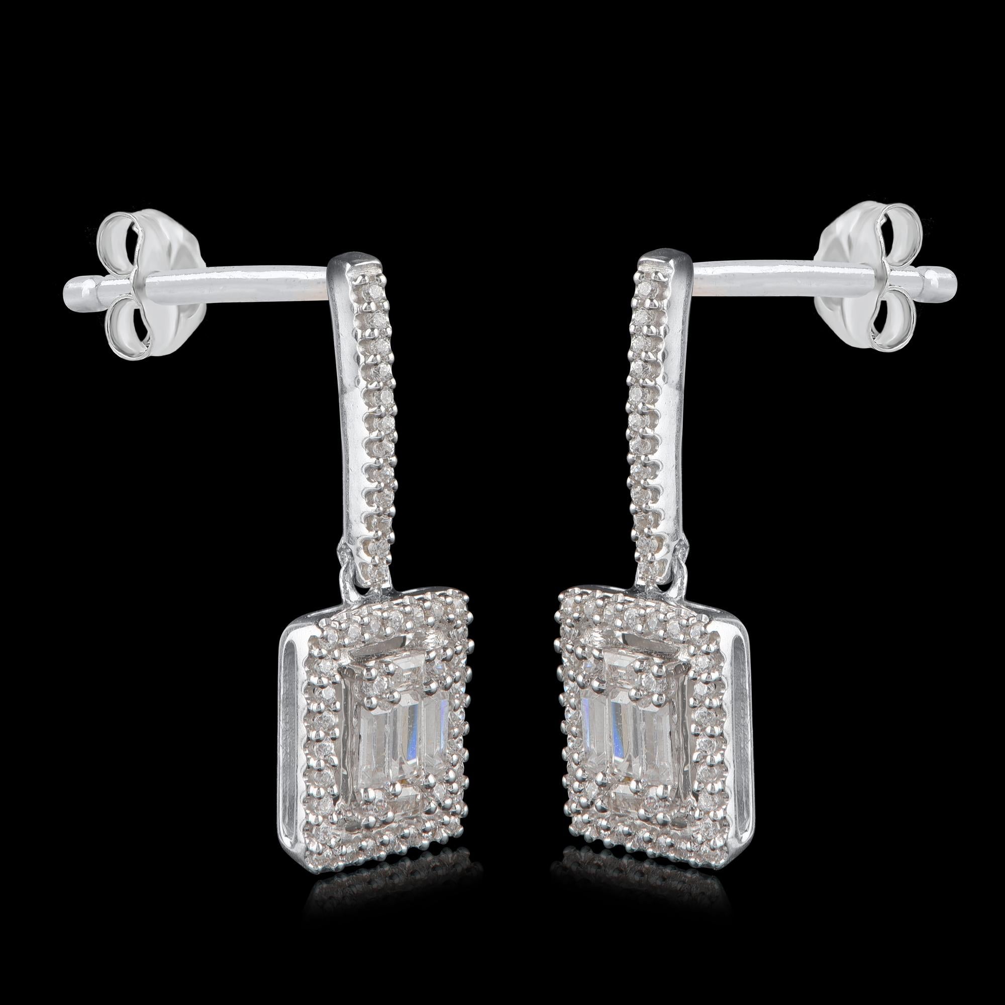 Contemporary TJD 0.33 Carat Round and Baguette Diamond 18 Karat White Gold Halo Drop Earrings For Sale