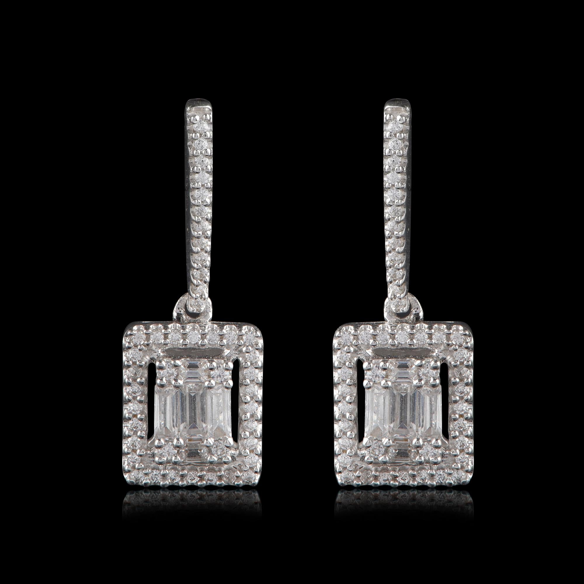 Round Cut TJD 0.33 Carat Round and Baguette Diamond 18 Karat White Gold Halo Drop Earrings For Sale