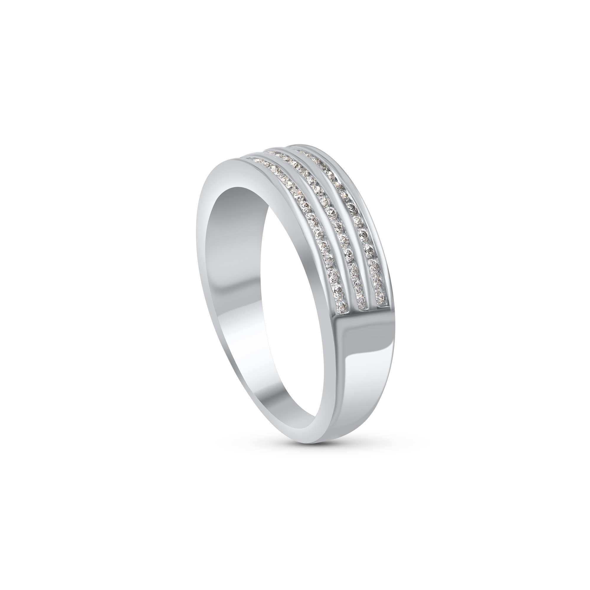 Elegantly designed this multi-row anniversary band is made with 66 brilliant natural diamond set in channel setting and hand-crafted by our in-house experts in 18 kt white gold. Diamonds are graded H-I Color, I2 Clarity. 

Metal color and ring size