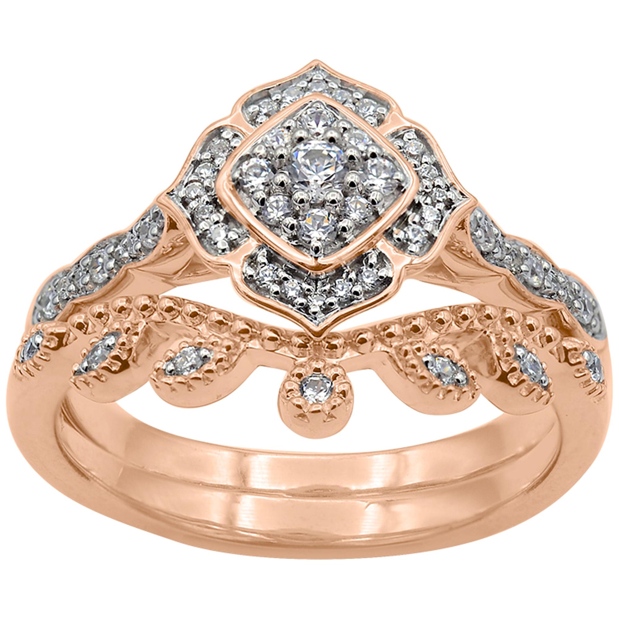 TJD 0.33 Carat Brilliant Cut Diamond 14K Rose Gold Vintage Stackable Cluster Set For Sale