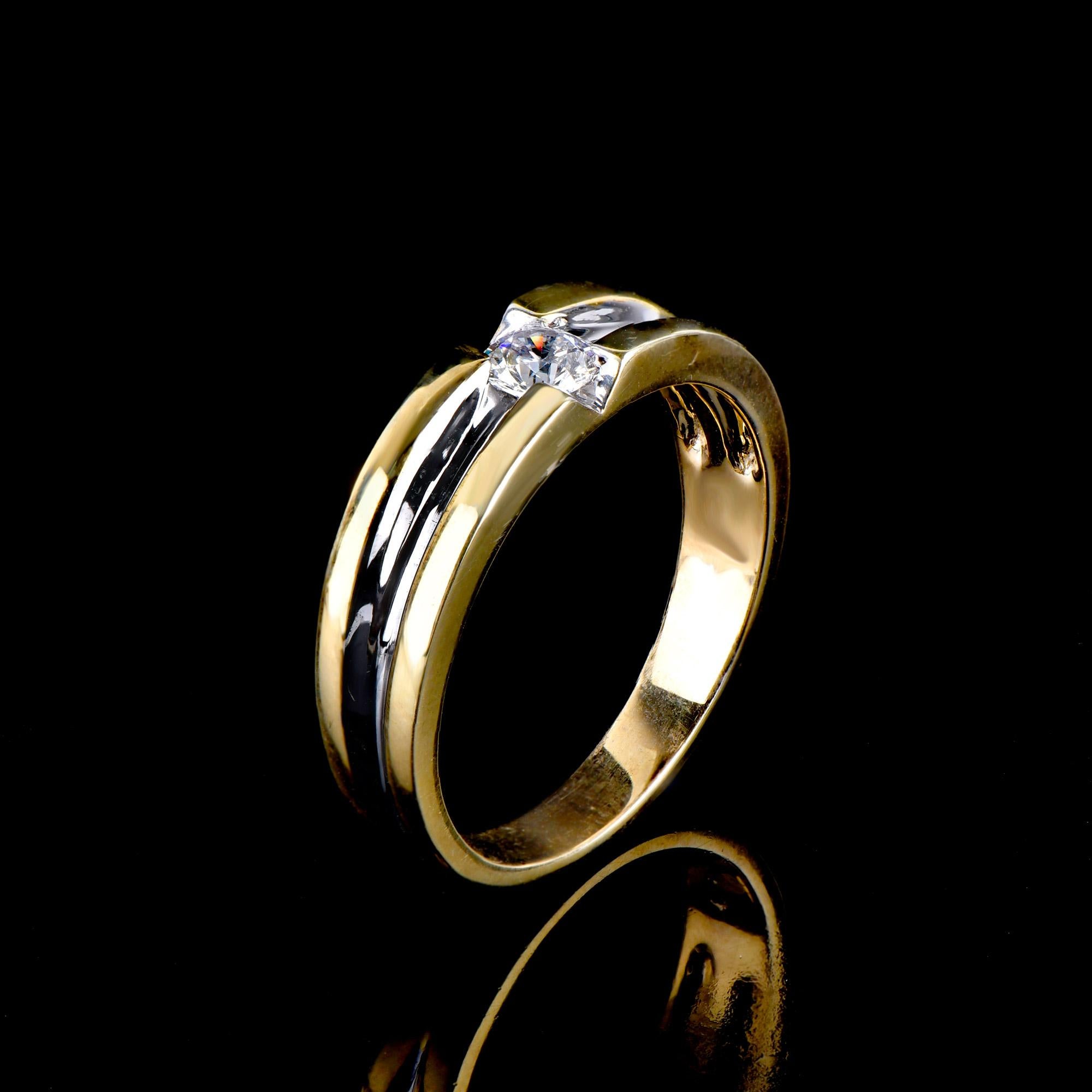 One Simple Exquisite Stone crafted in 18K Yellow gold Two-Tone plated with 1 centre stone of 0.33 carat diamond band ring. Expertly Crafted of sparkling solid white and yellow gold in high polish finish and set with 1 sparkling round white diamond