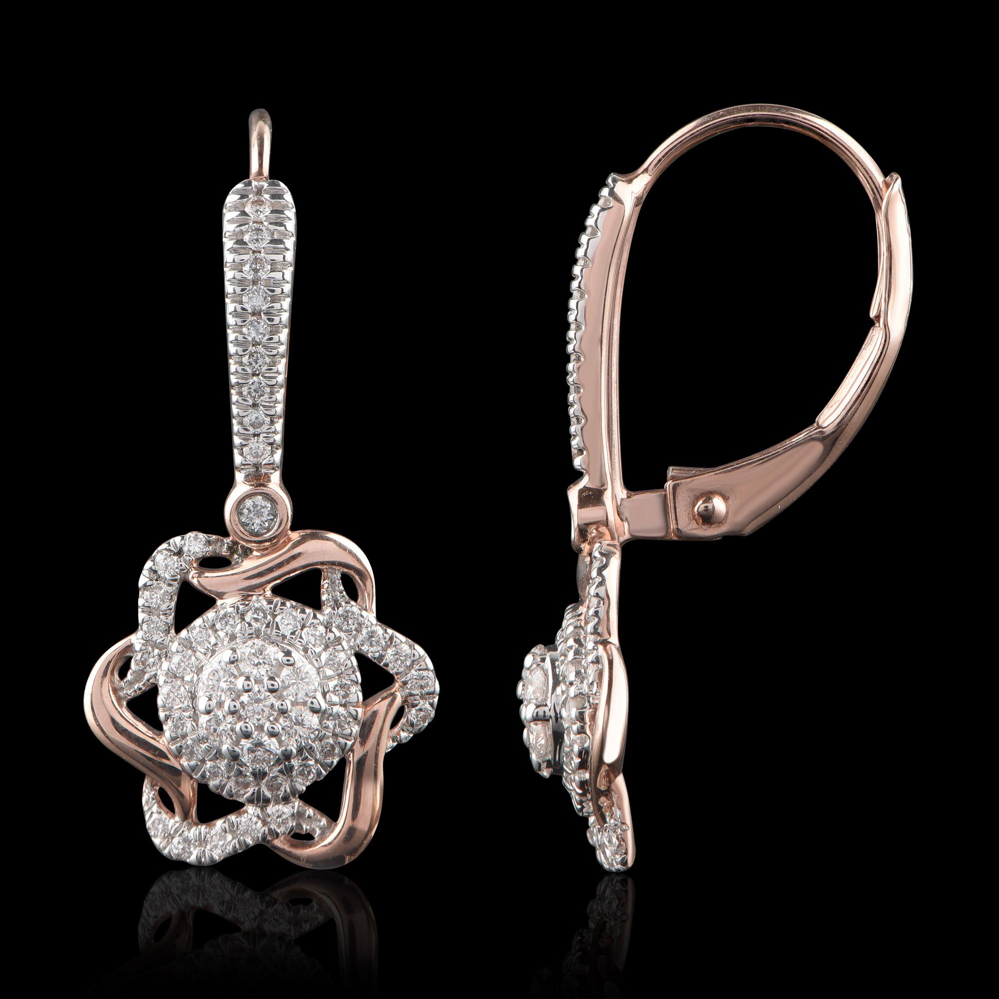 Taglio rotondo TJD Orecchini a fiore a grappolo intrecciato in oro rosa 14 carati con diamante da 0,33 carati in vendita