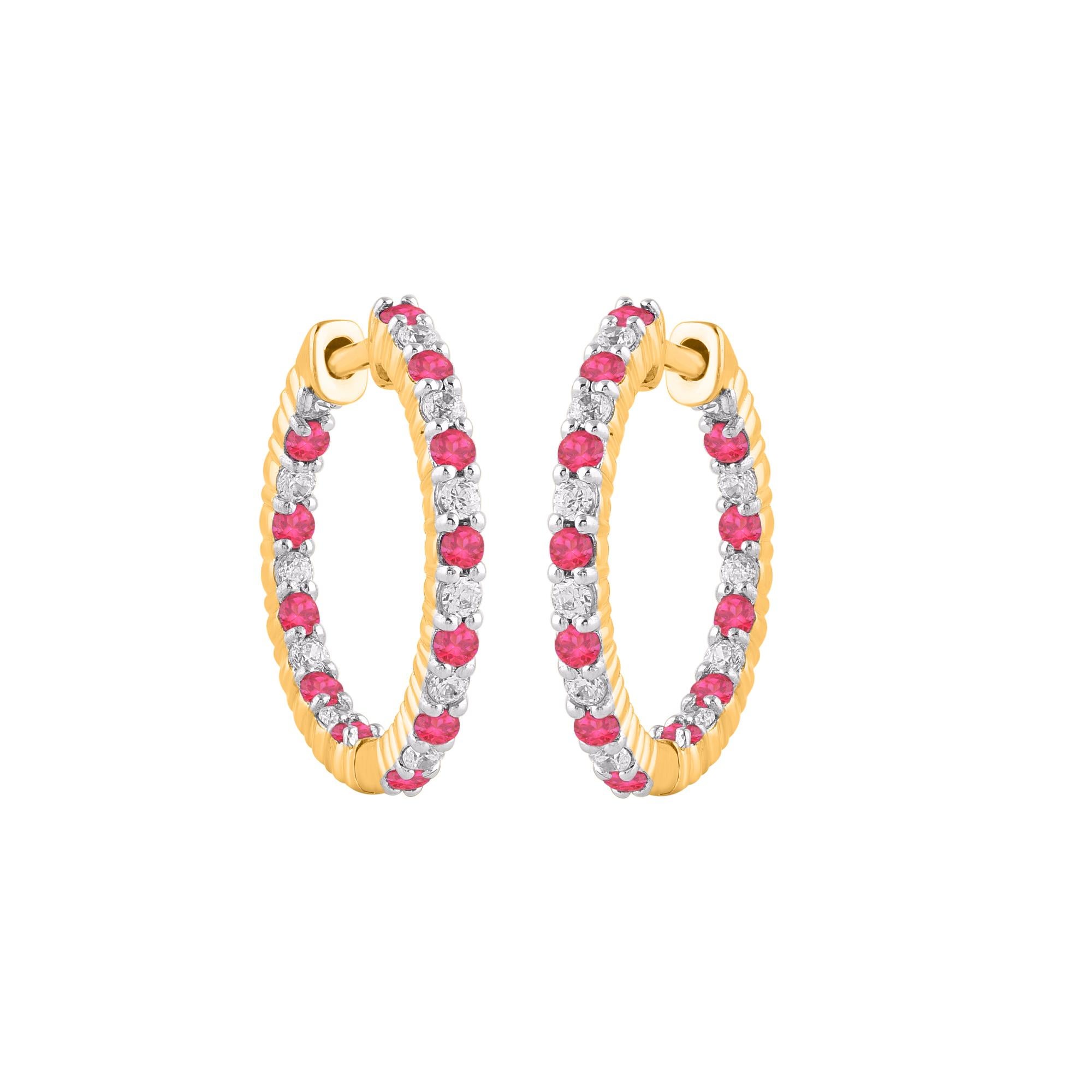 TJD 0,33 Karat Diamanten und 0,48 Karat Rubin 14KT Gelbgold Creolen Ohrringe (Zeitgenössisch) im Angebot
