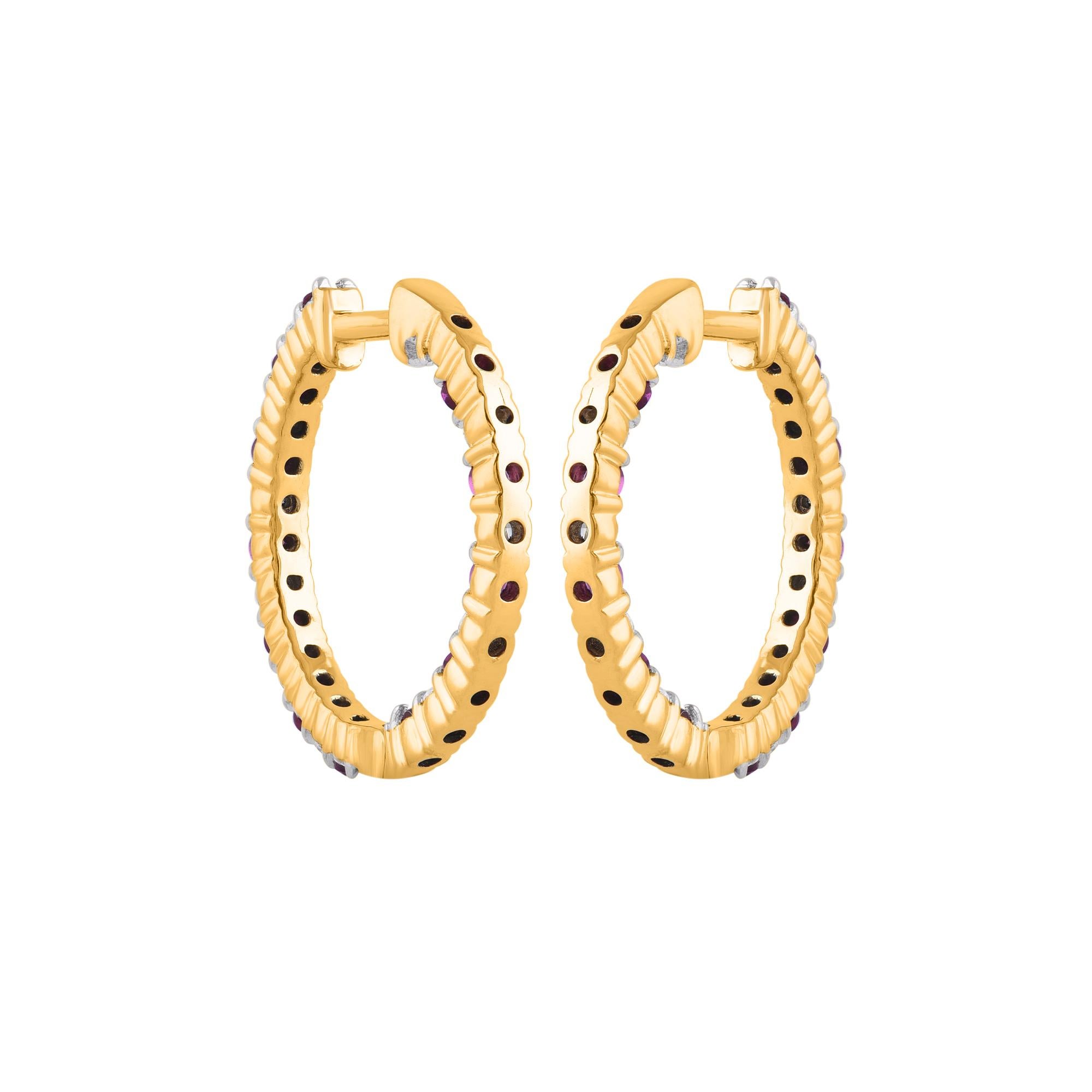 TJD 0,33 Karat Diamanten und 0,48 Karat Rubin 14KT Gelbgold Creolen Ohrringe (Rundschliff) im Angebot