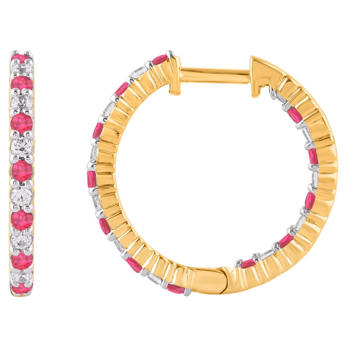 TJD 0,33 Karat Diamanten und 0,48 Karat Rubin 14KT Gelbgold Creolen Ohrringe im Angebot