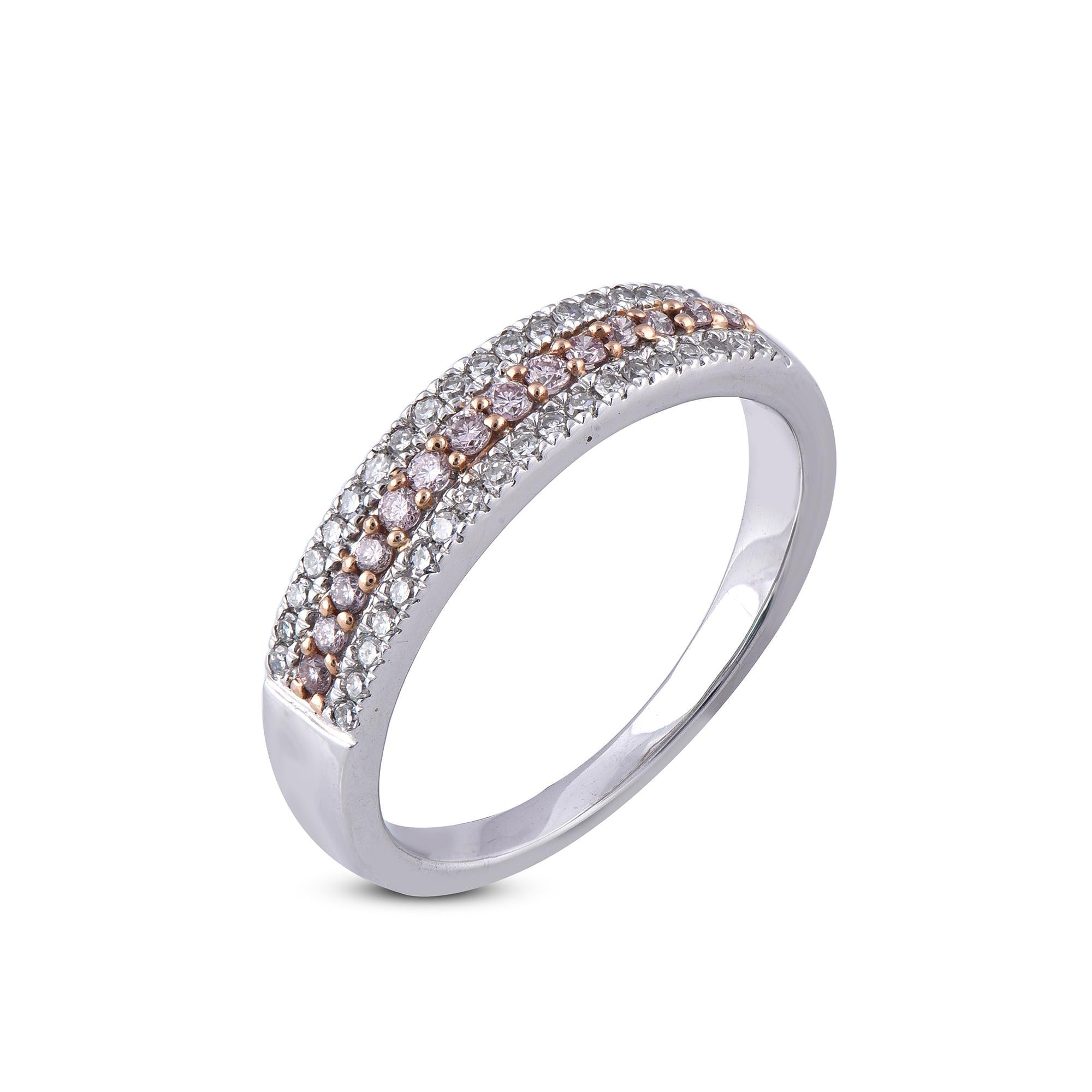 Truly exquisite, this  triple row wide diamond band ring is sure to be admired for the inherent classic beauty and elegance within its design. The total weight of diamonds 0.33 carat, H-I color, I1 Clarity. This ring is beautifully crafted in 18K