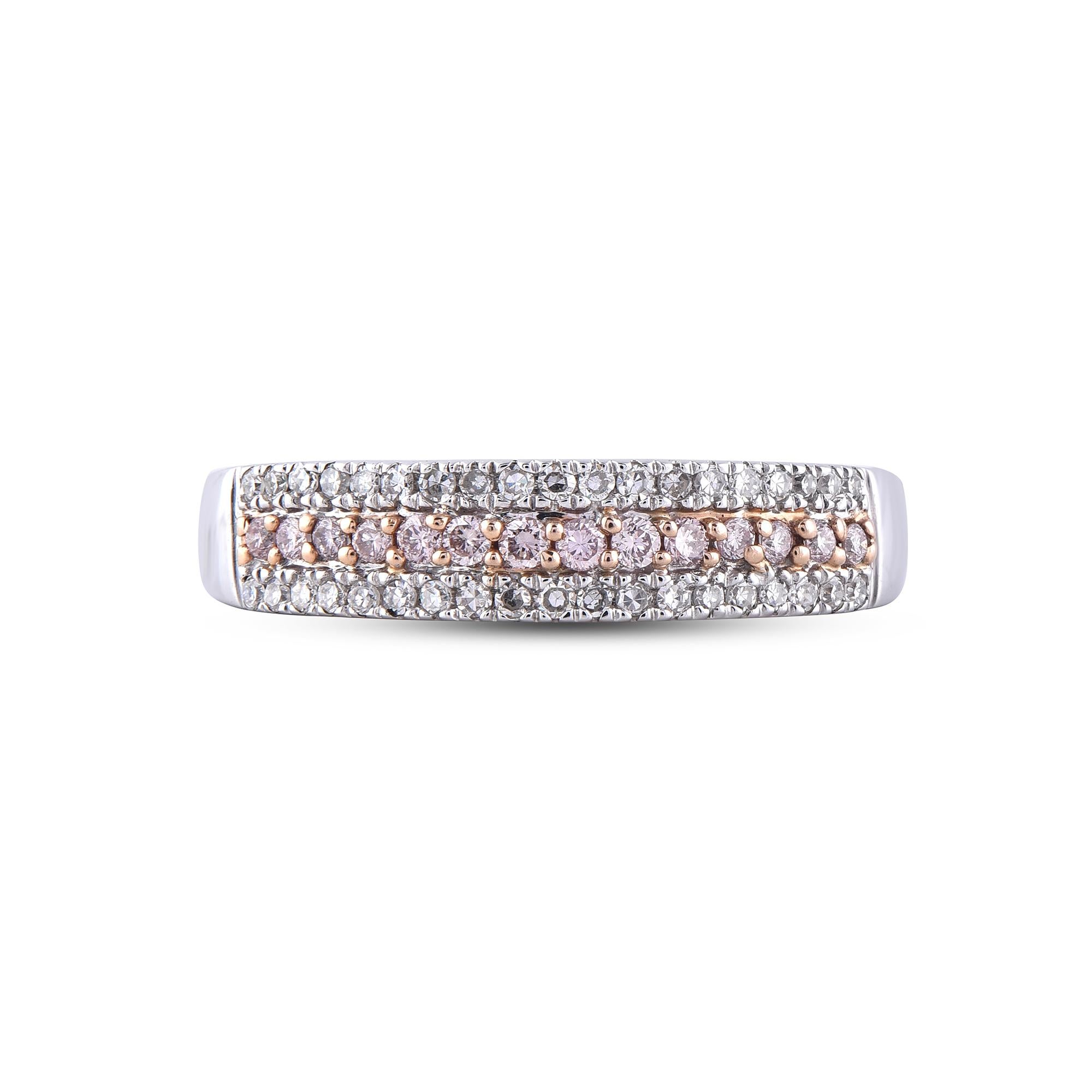 Round Cut TJD 0.33 Carat Nat. Pink Rosé & White Diamond 18Kt White Gold 3-Row Wedding Band For Sale