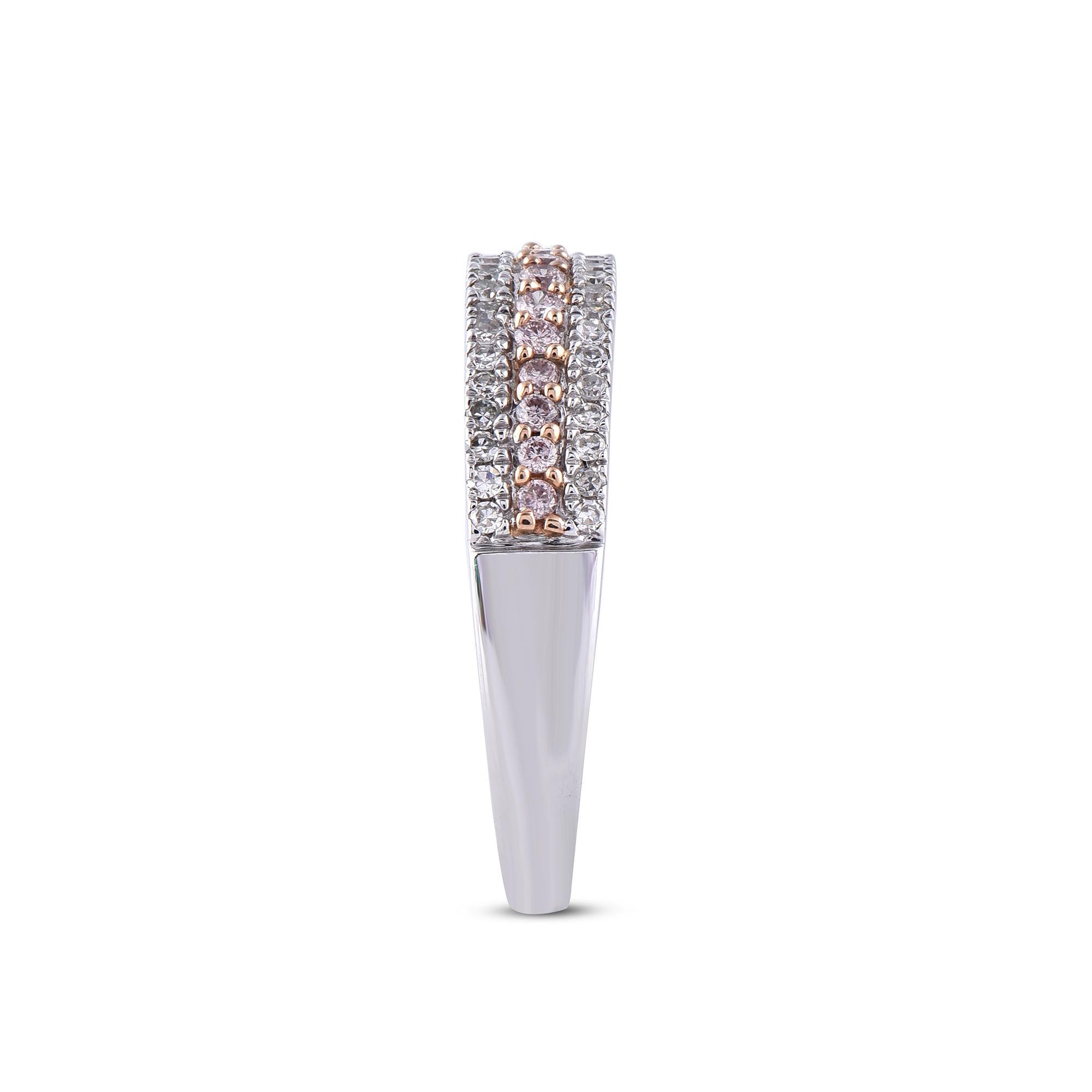TJD 0.33 Carat Nat. Pink Rosé & White Diamond 18Kt White Gold 3-Row Wedding Band In New Condition For Sale In New York, NY