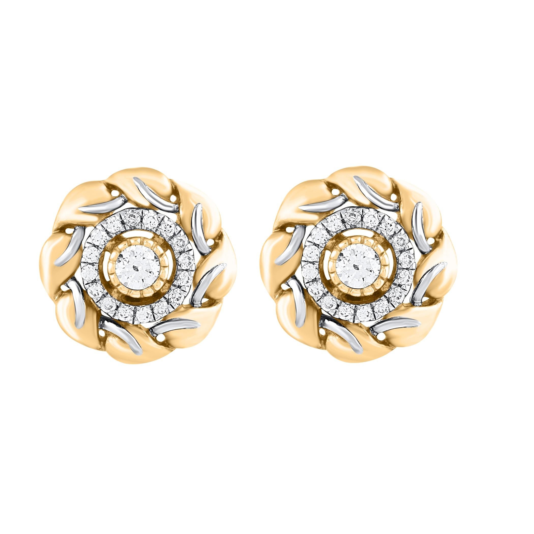 Contemporain TJD - Clou d'oreille floral en or jaune 14 carats avec diamant naturel de 0,33 carat en vente
