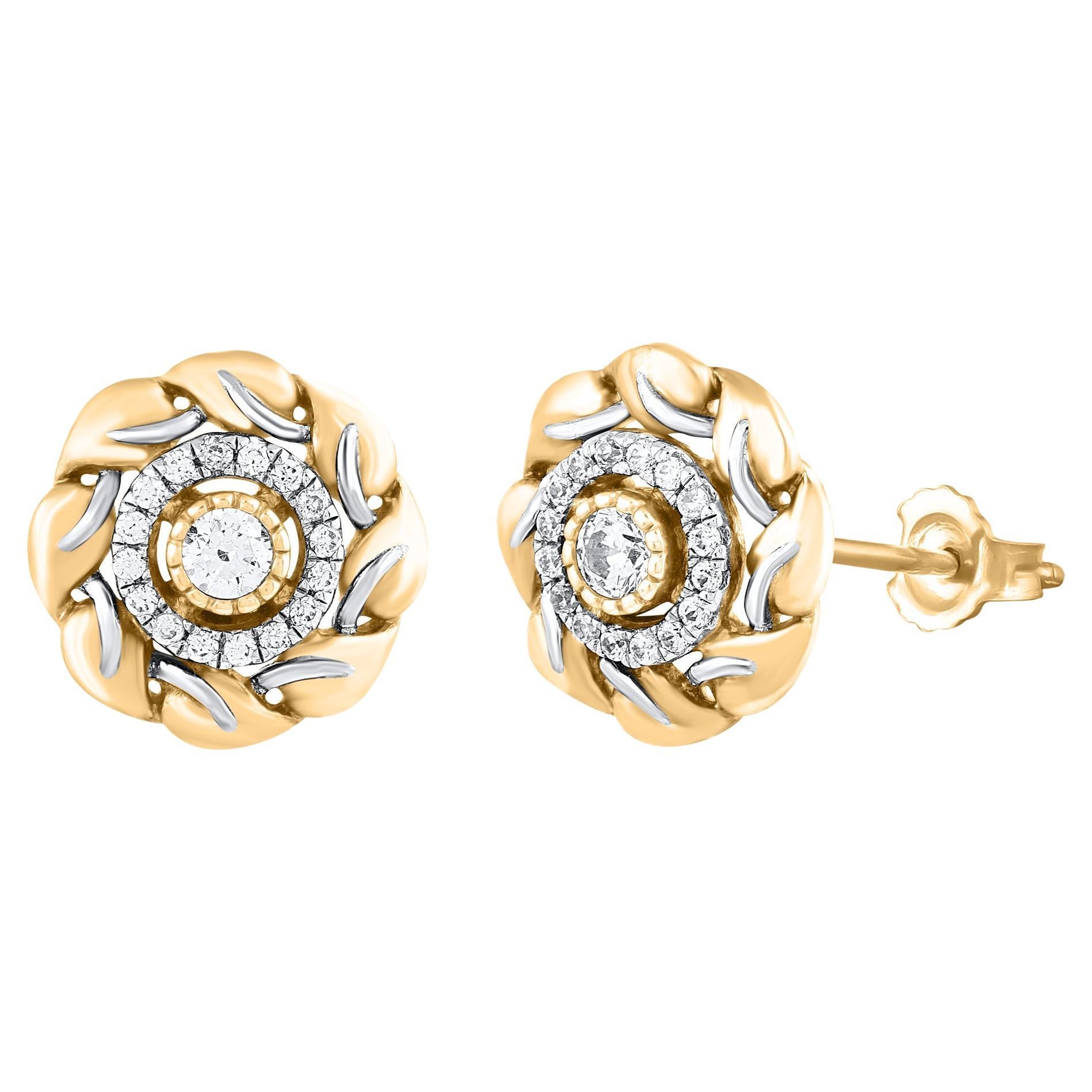 TJD 0.33 Carat Natural Diamond 14 Karat Yellow Gold Floral Stud Earring For Sale