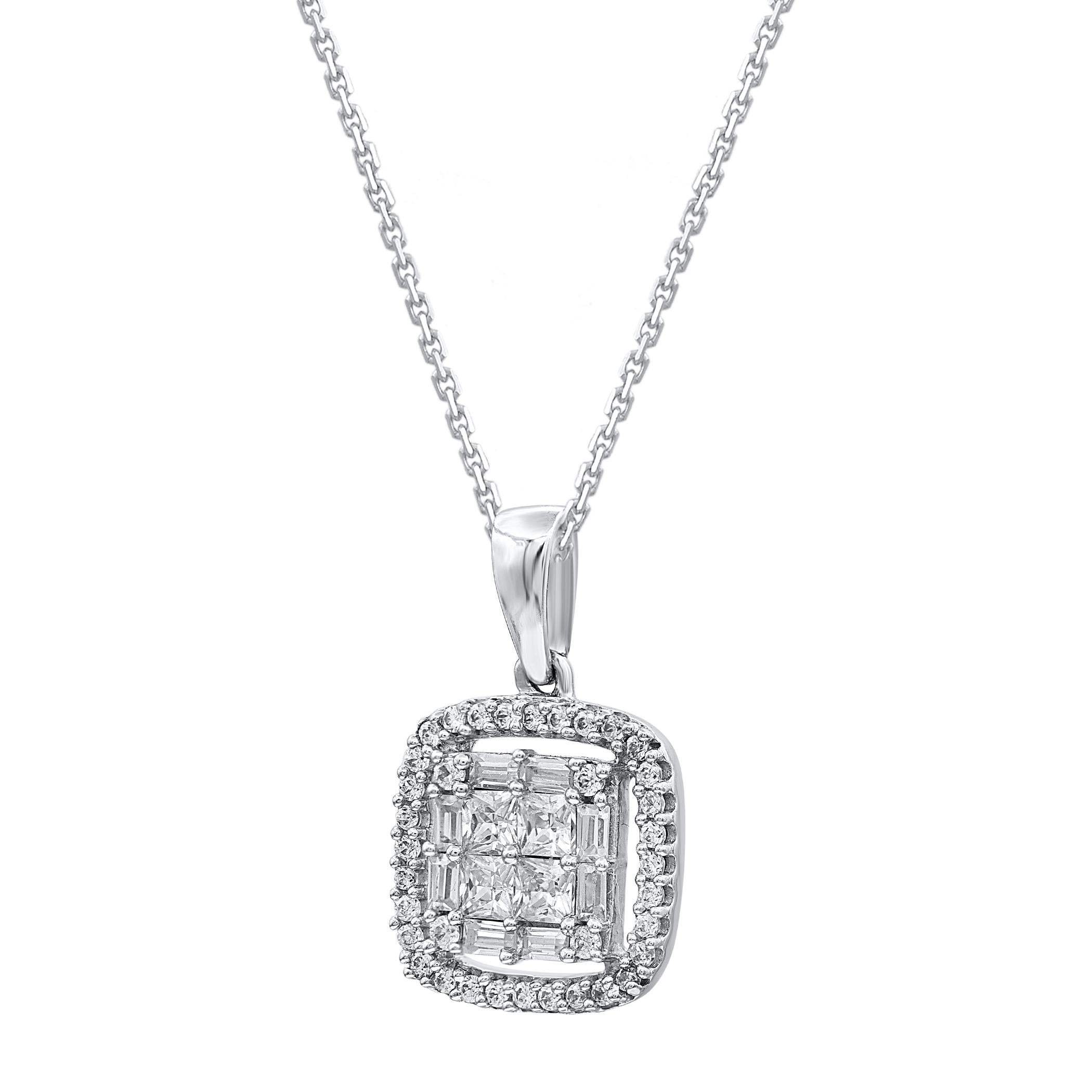 This beautiful cushion pendant necklace is studded with 51 single cut, brilliant cut and baguette cut natural diamonds in prong & channel setting. The total diamond weight of these diamond pendant is 0.33 carats. All the diamonds are H-I color, I-2