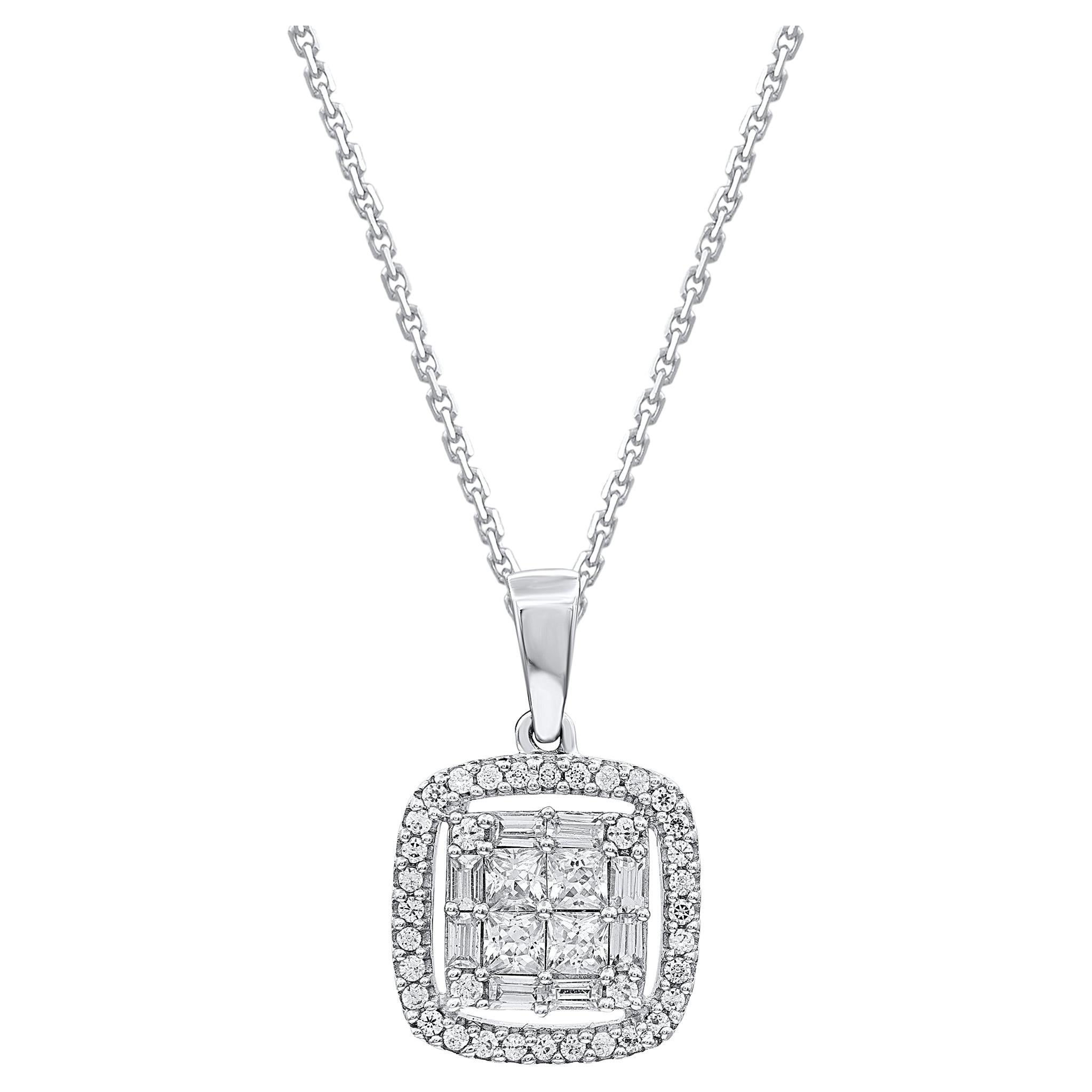 TJD 0.33 Carat Natural Diamond 14KT Gold Cushion Frame Pendant Necklace For Sale