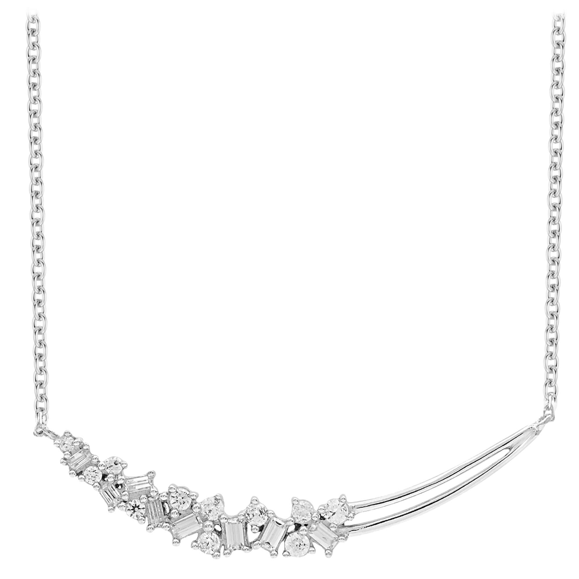 TJD 0.33 Carat Round and Baguette Diamond 14 Karat White Gold Bar Curve Necklace
