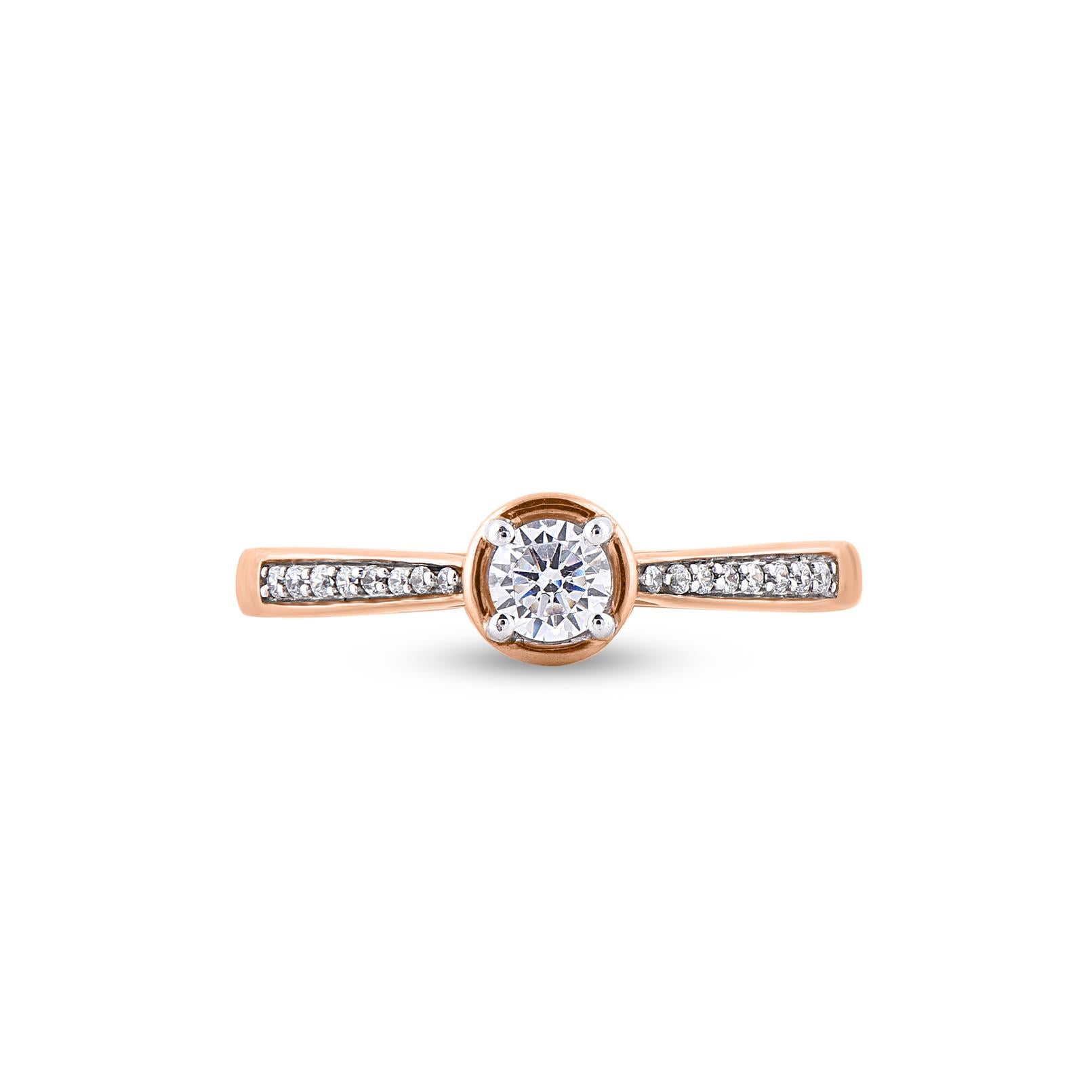 A sweet symbol of your everlasting romance, expertly crafted in 14 Karat rose gold and shines with 17 brilliant cut and single cut diamond in prong and pave setting. The total weight of diamonds 0.33 carat, H-I color and I2 Clarity. This ring has