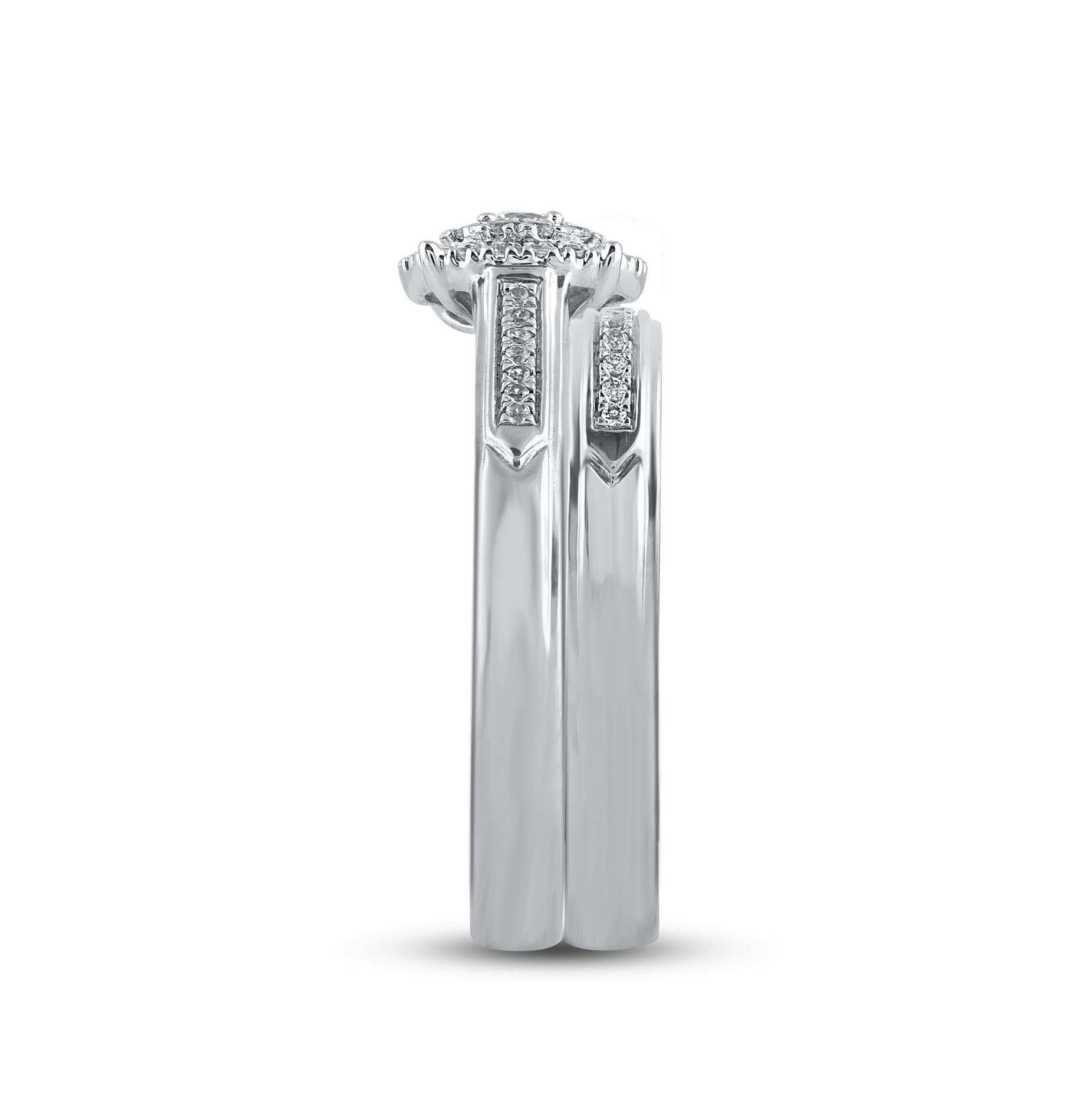 Round Cut TJD 0.33 Carat Natural Round Diamond 14 Karat White Gold Cluster Bridal Ring Set For Sale