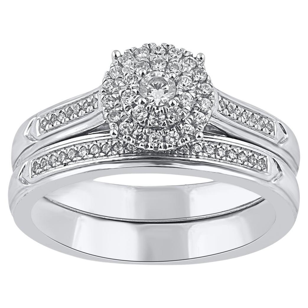 TJD 0.33 Carat Natural Round Diamond 14 Karat White Gold Cluster Bridal Ring Set For Sale