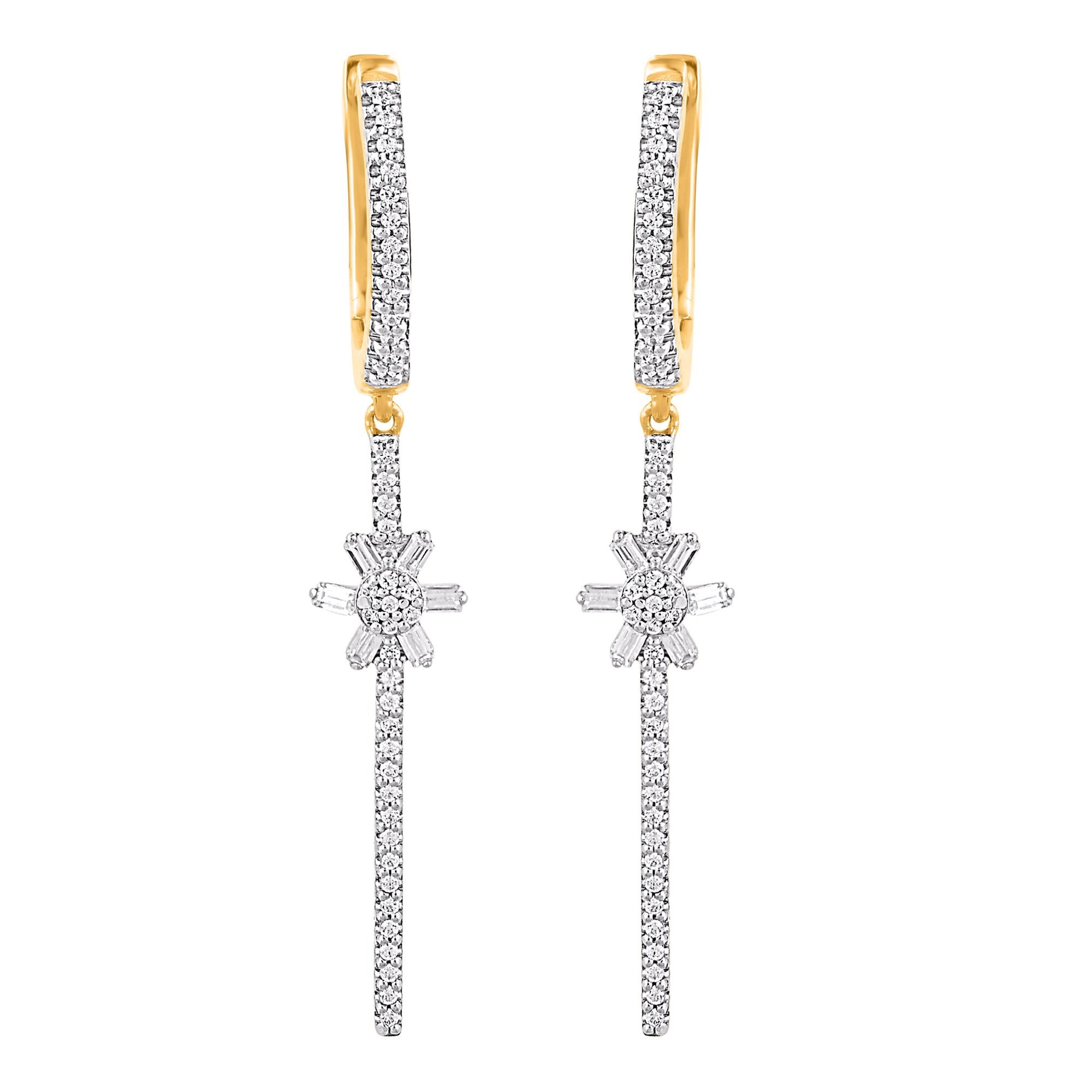 Contemporary TJD 0.33 Carat Natural Round Diamond 14 Karat Yellow Gold Dangle Earrings For Sale