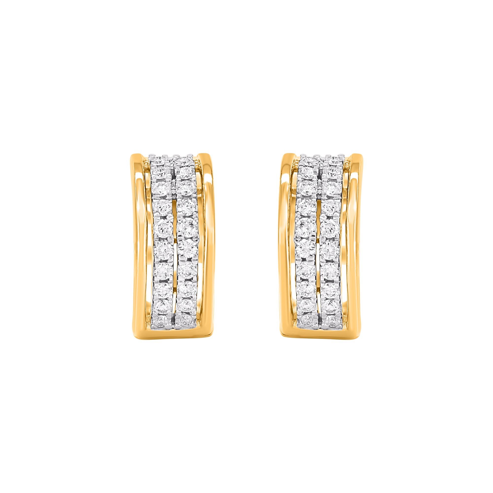 Mit diesen diamantenen Huggie-Hoop-Ohrringen erzielen Sie mit minimalem Aufwand einen stilvollen Look. Dieser Ohrring ist wunderschön gestaltet und mit 40 runden Diamanten im Brillantschliff besetzt, die in einer Zackenfassung gefasst sind. Wir