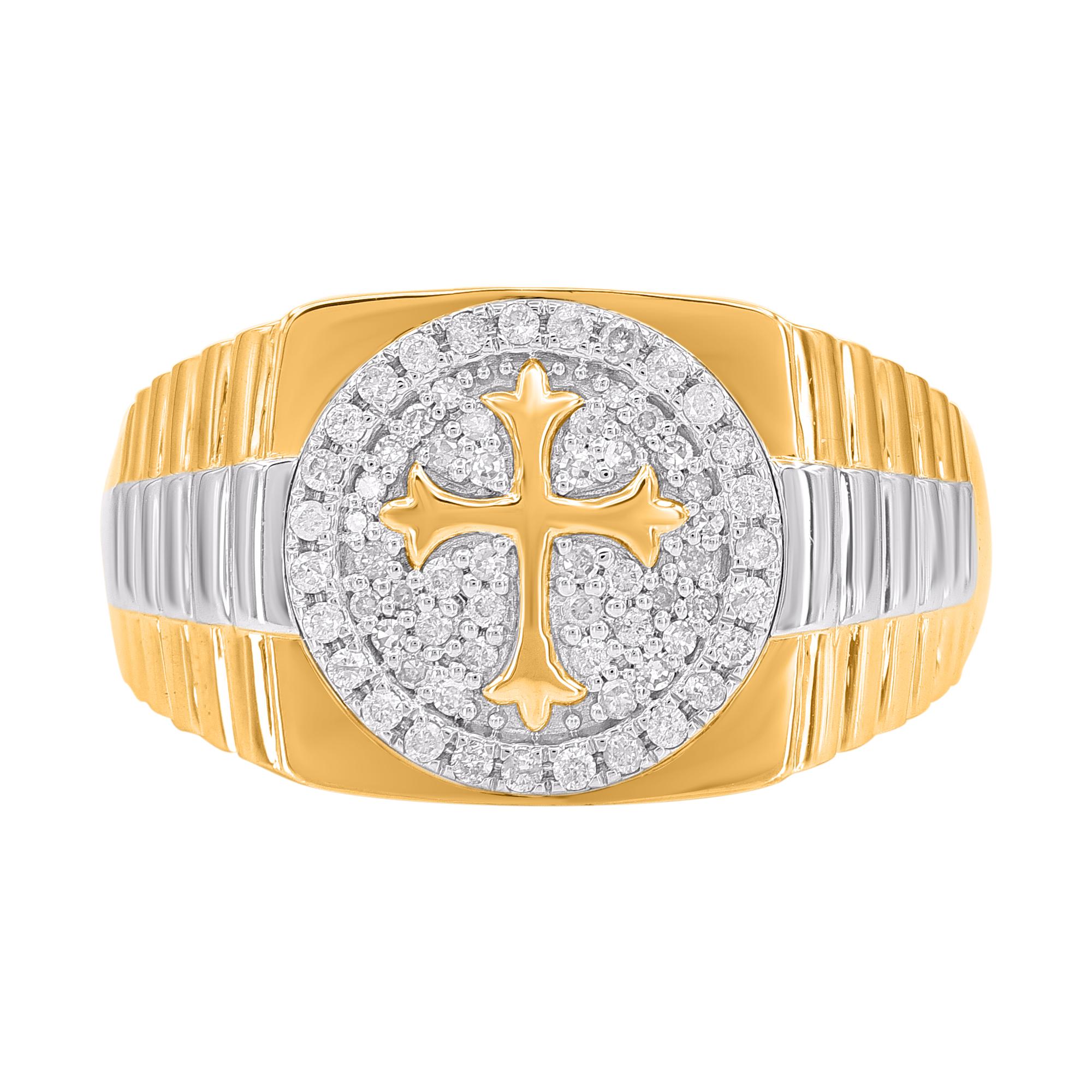 This diamond raised cross ring is a bold statement of faith. These band ring are studded with 65 round diamonds in prong setting in 14KT yellow gold. The white diamonds are graded as H-I color and I-2 clarity.