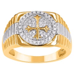 TJD Anillo en cruz para hombre en oro amarillo de 14 quilates con diamante redondo natural de 0,33 quilates