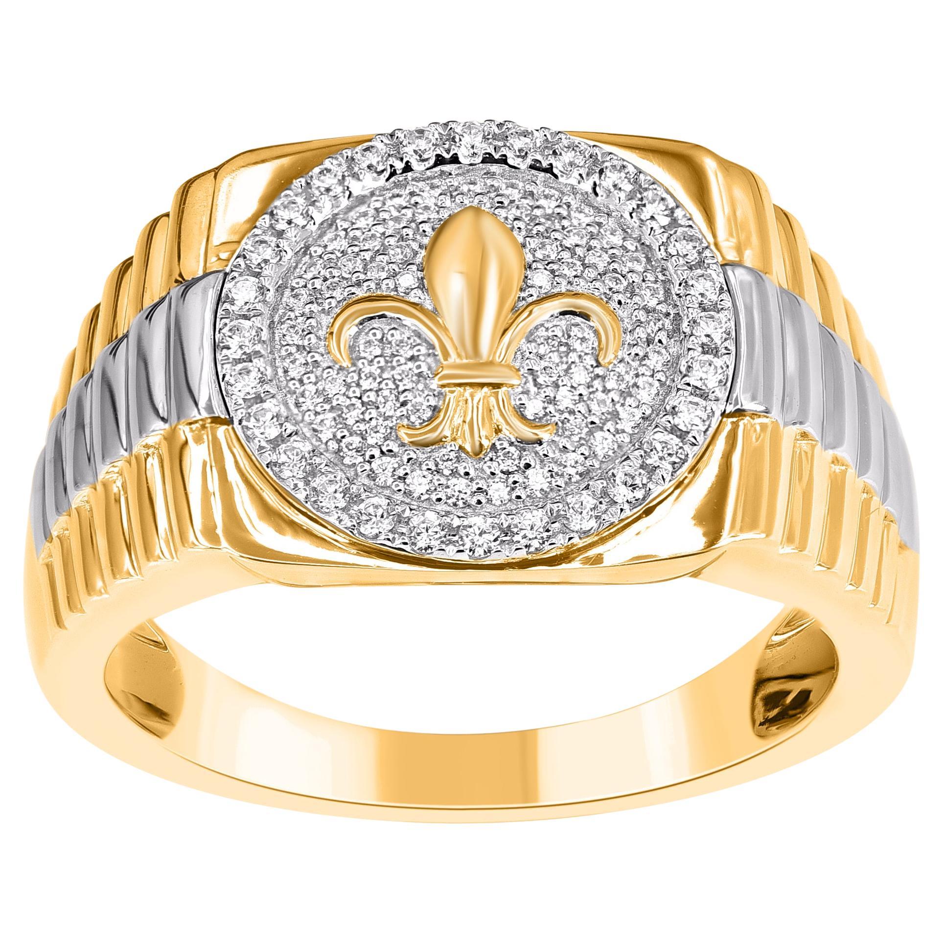 TJD 0.33 Carat Natural Round Diamond Yellow Gold Fleur-de-Lis Men
s Ring For Sale
