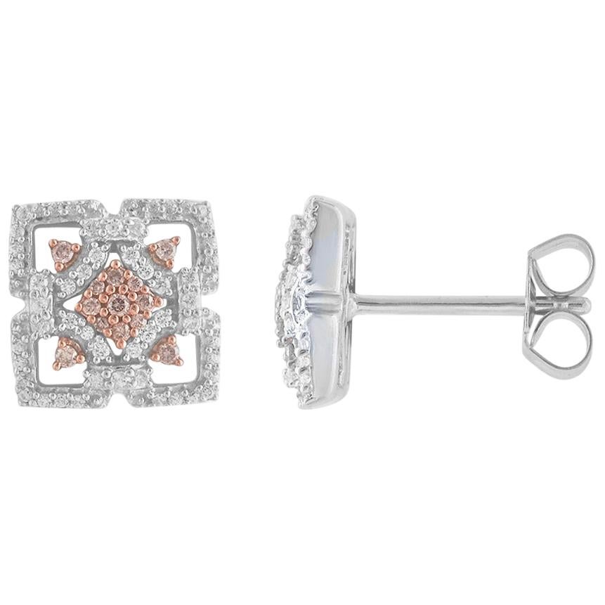 TJD 1/3 Carat Nat. Pink Rosé and White Diamond 18 Karat White Gold Stud Earrings For Sale