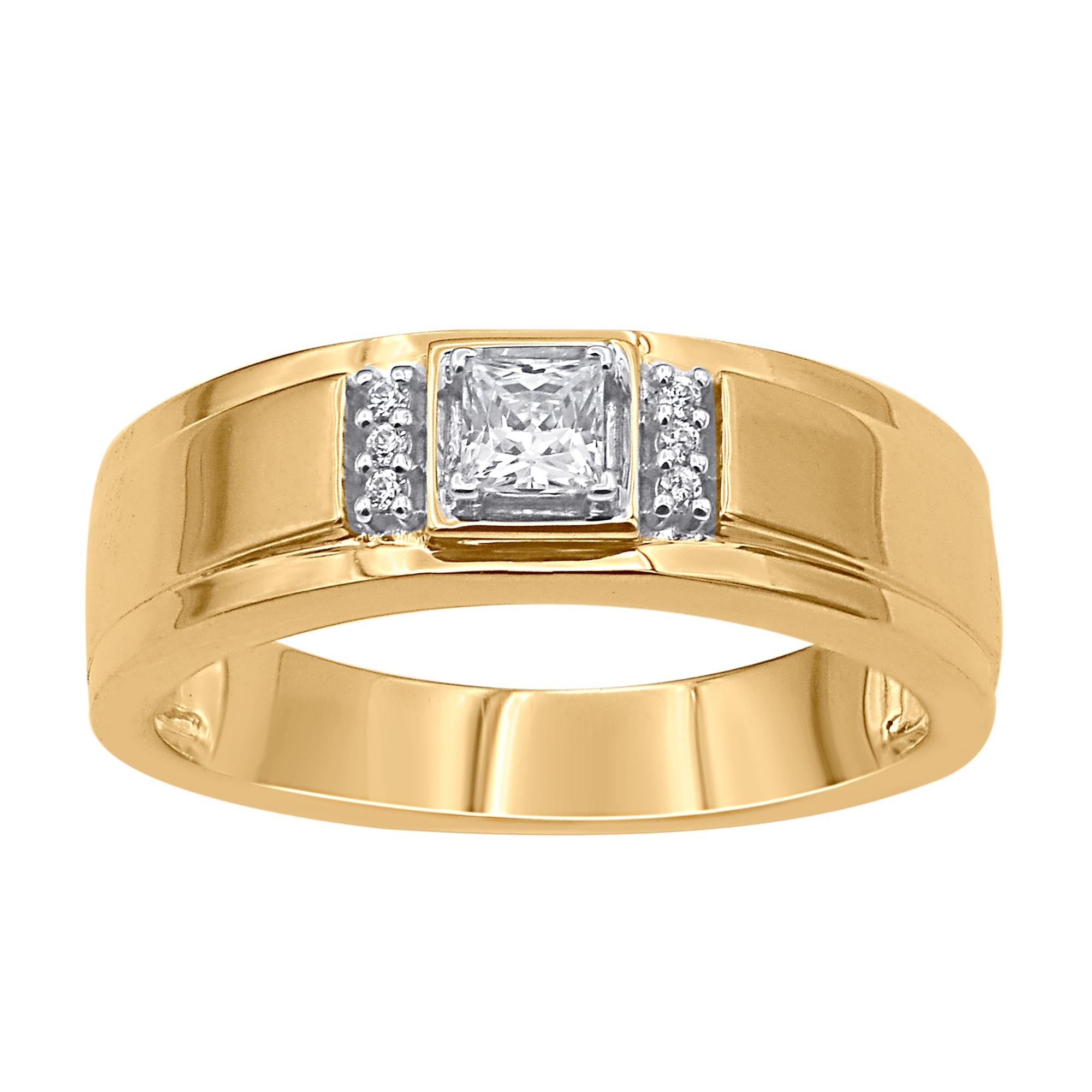 Princess Cut TJD 0.33 Carat Princess & Round Cut Diamond 14KT Yellow Gold Men's Band Ring For Sale