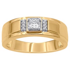 TJD 0.33 Carat Princess & Round Cut Diamond 14KT Yellow Gold Men's Band Ring
