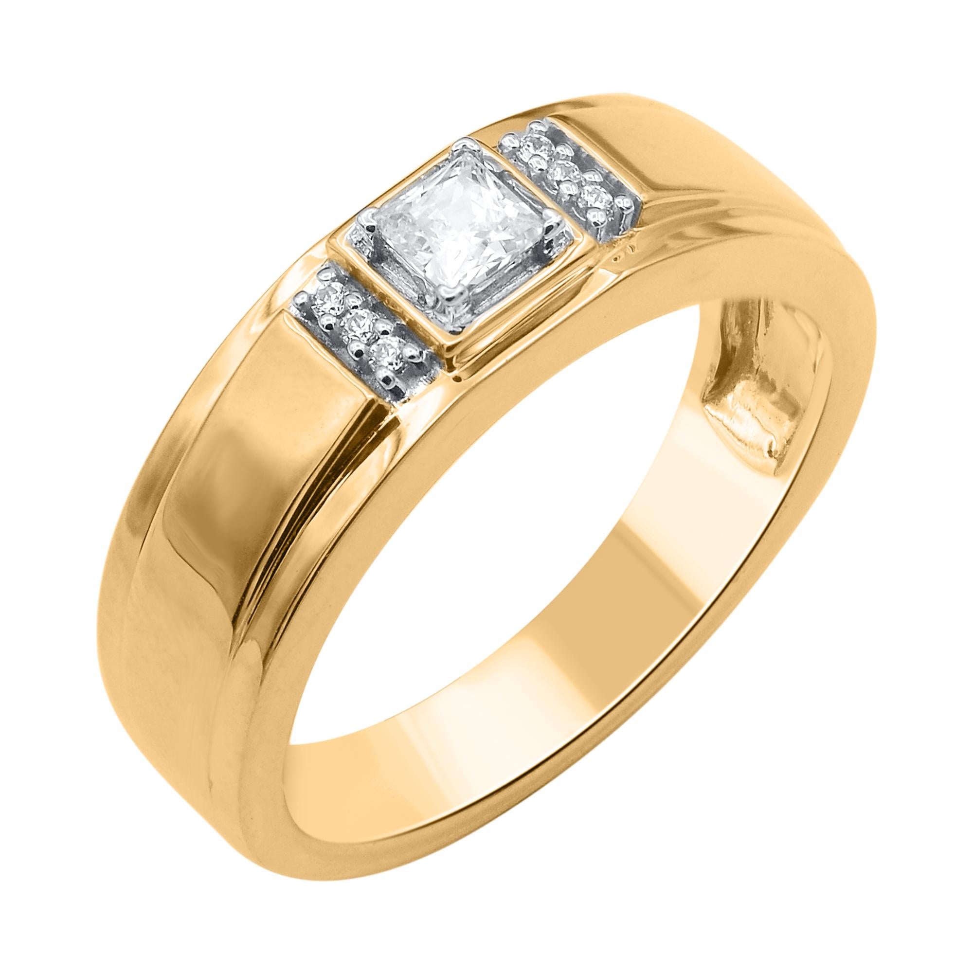 Dieser elegante und raffinierte Ehering für Männer besteht aus einem 0,33 Karat schweren Naturdiamanten mit sieben Steinen im Prinzess- und Brillantschliff in Zackenfassung. Die weißen Diamanten sind mit der Farbe H-I und der Reinheit I-2 eingestuft.