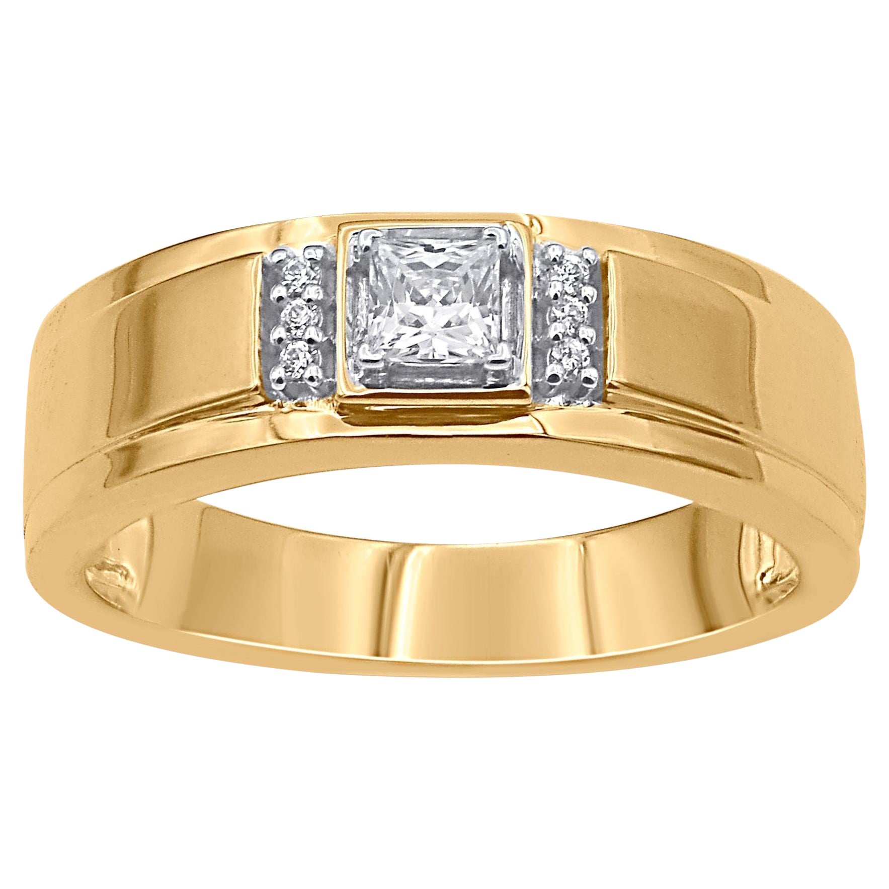 TJD 0.33 Carat Princess 
Round Cut Diamond 18KT Yellow Gold Men
s Band Ring For Sale