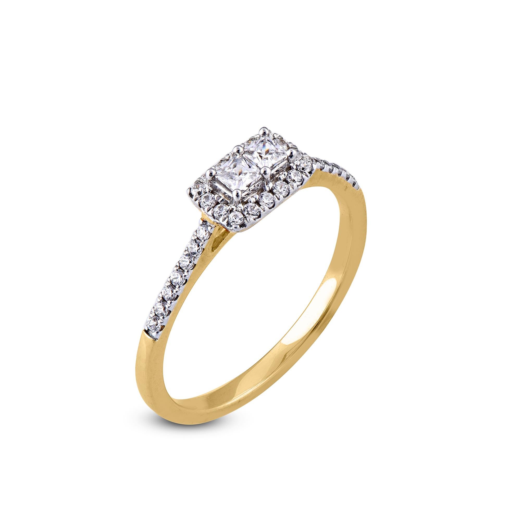 This engagement ring features 0.33 ct of lined diamonds. Expertly Crafted of sparkling 14 karat solid Yellow gold in high polish finish and set with 30 sparkling round and 2 Princess cut diamonds set in prong setting, H-I color and I2 Clarity this